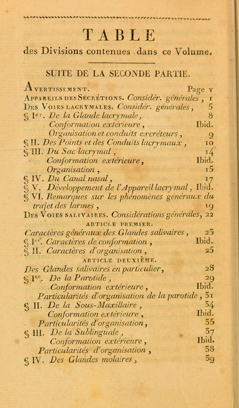 ■%-V -V xxx-x-xx. xxx^-% ^ ^ ^ -x-v ■^.'V TABLE des Divisions contenues dans ce Volume. V r 5 8 Ibid. 9 lO Ibid. i5 17 SUITE DE LA SECONDE PARTIE. Avertissement. Page Appareils DES Sécrétions. Considér. générales , Des Voies lacrymales. Considér. générales y g Rr. De la Glande lacrymale, Conformation extérieure, Organisation et conduits excréteurs, ^ n. Des Points et des Conduits lacrymaux, ^ III. Du Sac laciymcd , Conformation extérieure, Organisation , § IV. Du Canal nasal y § V. Développement de VAppareil laaymal, Ibid. § VI. Remarques sur les phénomènes généraux du trajet des larmes , 19 Des Voies salivaires. Considérations générales, 22 ARTICr.E PREMIER. Caractères généraux des Glandes salivaires, g P'C Caractères de conformation , S il- Caractères d'organisation, ARTICLE DEUXIÈME. Des Glandes salivaires en particulier, § PC De la Parotide y Conformation extérieure, Particularités d'organisation de la pai'otide , 31 g IL De la Sous-Maxillaire y 34 Conformation extérieure , Ibid. Particularités d'organisation, 35 § III. De la Sublingucde y . Confoi'mation extérieure, Ibid. Particularités d'orga/iisation , 38 § IV. Des Glandes molaires y 5g 23 Ibid. 25 28 29 Ibid.