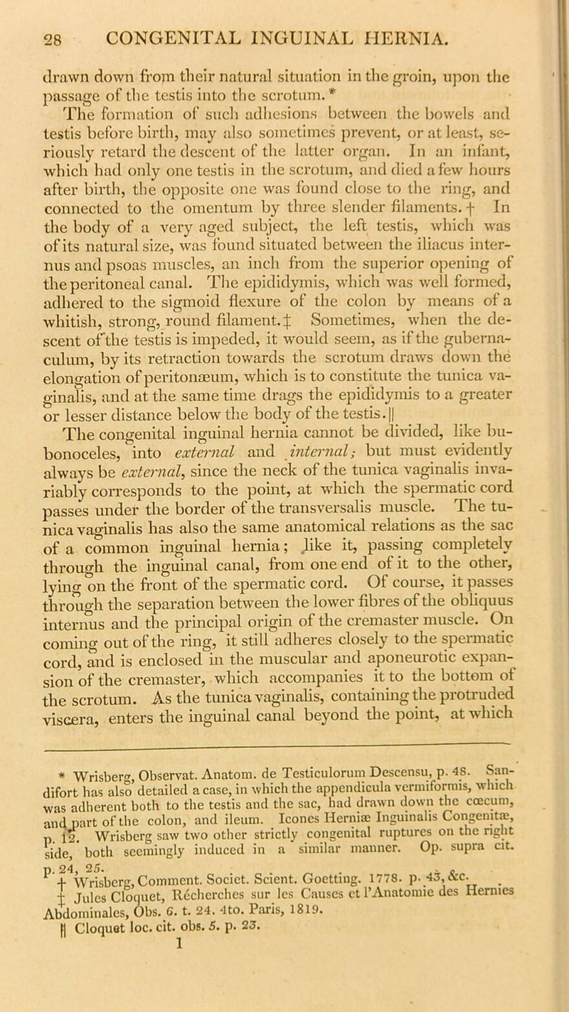 drawn down from their natural situation in the groin, upon the passage of the testis into the scrotum.*' The formation of such adhesions between the bowels and testis before birth, may also sometimes prevent, or at least, se- riously retard the descent of the latter organ. In an infant, which had only one testis in the scrotum, and died a few hours after birth, the opposite one was found close to the ring, and connected to the omentum by three slender filaments, f In the body of a very aged subject, the left testis, which was of its natural size, was found situated between the iliacus inter- ims and psoas muscles, an inch from the superior opening of the peritoneal canal. The epididymis, which was well formed, adhered to the sigmoid flexure of the colon by means of a whitish, strong, round filament. X Sometimes, when the de- scent of the testis is impeded, it would seem, as if the guberna- culum, by its retraction towards the scrotum draws down the elongation of peritonaeum, which is to constitute the tunica va- ginalis, and at the same time drags the epididymis to a greater or lesser distance below the body of the testis. || The congenital inguinal hernia cannot be divided, like bu- bonoceles, into external and internal; but must evidently always be external, since the neck of the tunica vaginalis inva- riably corresponds to the point, at which the spermatic cord passes under the border of the transversalis muscle. The tu- nica vaginalis has also the same anatomical relations as the sac of a common inguinal hernia; like it, passing completely through the inguinal canal, from one end of it to the other, lying on the front of the spermatic cord. Of course, it passes through the separation between the lower fibres of the obliquus internus and the principal origin of the cremaster muscle. On coming out of the ring, it still adheres closely to the spermatic cord, and is enclosed in the muscular and aponeurotic expan- sion of the cremaster, which accompanies it to the bottom of the scrotum. As the tunica vaginalis, containing the protruded viscera, enters the inguinal canal beyond the point, at which * Wrisberg, Observat. Anatom, de Testiculorum Descensu, p. 4S. San- difort has also detailed a case, in which the appendicula vermifornus, which was adherent both to the testis and the sac, had drawn down the coecum, and part of the colon, and ileum. leones Herniae Inguinahs Congenita, p. f§. Wrisberg saw two other strictly congenital ruptures on the right side, both seemingly induced in a similar manner. Op. supra cit. p. 24, 25- . . » o + Wrisberg, Comment. Societ. Scient. Goetting. 177S. p. 43, Ac. t Jules Cloquet, Rechcrches sur les Causes ct l’Anatomie des Hermes Abdominales, Obs. 6. t. 24. 4to. Paris, 1819. [| Cloquet loc. cit. obs. 5. p. 23.