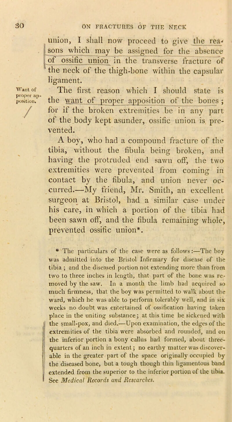 union, I shall now proceed to give the reft* ; sons which may be assigned for the absence of ossific union in the transverse fracture of ' the neck of the thigh-bone within the capsular ligament. Want of The first reason which I should state is proper ap- . , position. the want or proper apposition or the bones ; / for if the broken extremities be in any part of the body kept asunder, ossific union is pre- vented. A boy, who had a compound fracture of the tibia, without the fibula being broken, and having the protruded end sawn off, the two extremities were prevented from coming in contact by the fibula, and union never oc- curred.—My friend, Mr. Smith, an excellent surgeon at Bristol, had a similar case under his care, in which a portion of the tibia had been sawn off, and the fibula remaining whole, prevented ossific union*. * The particulars of the case were as follows:—The boy was admitted into the Bristol Infirmary for disease of the tibia ; and the diseased portion not extending more than from two to three inches in length, that part of the bone was re- moved by the saw. In a month the limb had acquired so much firmness, that the boy was permitted to walk about the ward, which he was able to perform tolerably well, and in six weeks no doubt was entertained of ossification having taken place in the uniting substance; at this time he sickened with the small-pox, and died.—Upon examination, the edges of the extremities of the tibia were absorbed and rounded, and on j the inferior portion a bony callus had formed, about three- quarters of an inch in extent; no earthy matter was discover- i able in the greater part of the space originally occupied by the diseased bone, but a tough though thin ligamentous band extended from the superior to the inferior portion of the tibia. « See Medical Records and Researches.