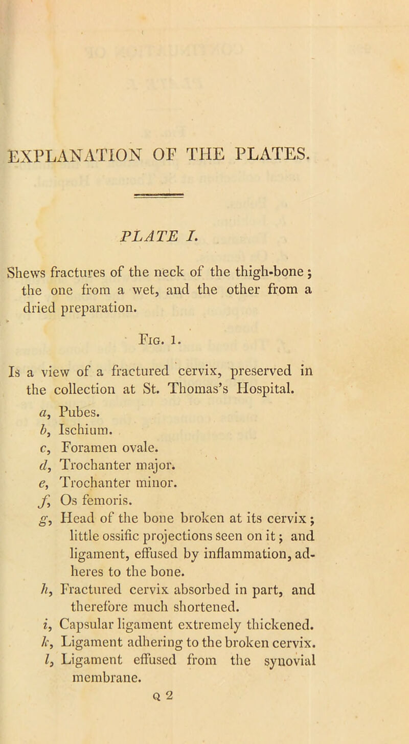 EXPLANATION OF THE PLATES. PLATE I. Shews fractures of the neck of the thigh-bone ; the one from a wet, and the other from a dried preparation. Fig. 1. Is a view of a fractured cervix, preserved in the collection at St. Thomas’s Hospital. Pubes. Ischium. c, Foramen ovale. d, Trochanter major. e, Trochanter minor. J] Os femoris. g, Head of the bone broken at its cervix; little ossific projections Seen on it \ and ligament, effused by inflammation, ad- heres to the bone. h, Fractured cervix absorbed in part, and therefore much shortened. i, Capsular ligament extremely thickened. Ic, Ligament adhering to the broken cervix. l} Ligament effused from the synovial membrane.