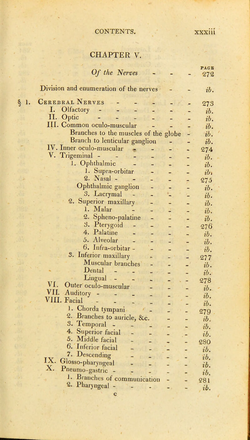 CHAPTER V. i PAGE Of the Nerves - - -272 Division and enumeration of the nerves ib. § 1. Cerebral Nerves - I. Olfactory - II. Optic - III. Common oculo-muscular Branches to the muscles of the globe Branch to lenticular ganglion IV. Inner oculo-muscular - V. Trigeminal - 1. Ophthalmic - 1. Supra-orbitar 2. Nasal - Ophthalmic ganglion 3. Lacrymal - 2. Superior maxillary 1. Malar - 2. Spheno-palatine 3. Pterygoid - 4. Palatine - 5. Alveolar _ 6. Infra -orbitar - S. Inferior maxillary Muscular branches Dental - Lingual _ VI. Outer oculo-muscular VII. Auditory - VIII. Facial - . . . I 1. Chorda tympani ' - 2. Branches to auricle, &,c. 3. Temporal - 4. Superior facial _ 5. Middle facial - 6. Inferior facial - 7. Descending _ IX. Giosso-pharyngeal - _ _ X. Pneumo-gastric - 1. Branches of communication 2. Pharyngeal - c 273 ib. ib. ib. ib. ib. 274 ib. ib. ib\ 27 5 ib. ib. ib. ib. ib. 276 ib. ib. ib. 277 ib. ib. 278 ib. ib. ib. 279 ib. ib. ib. 280 ib. ib. ib. ib. 281