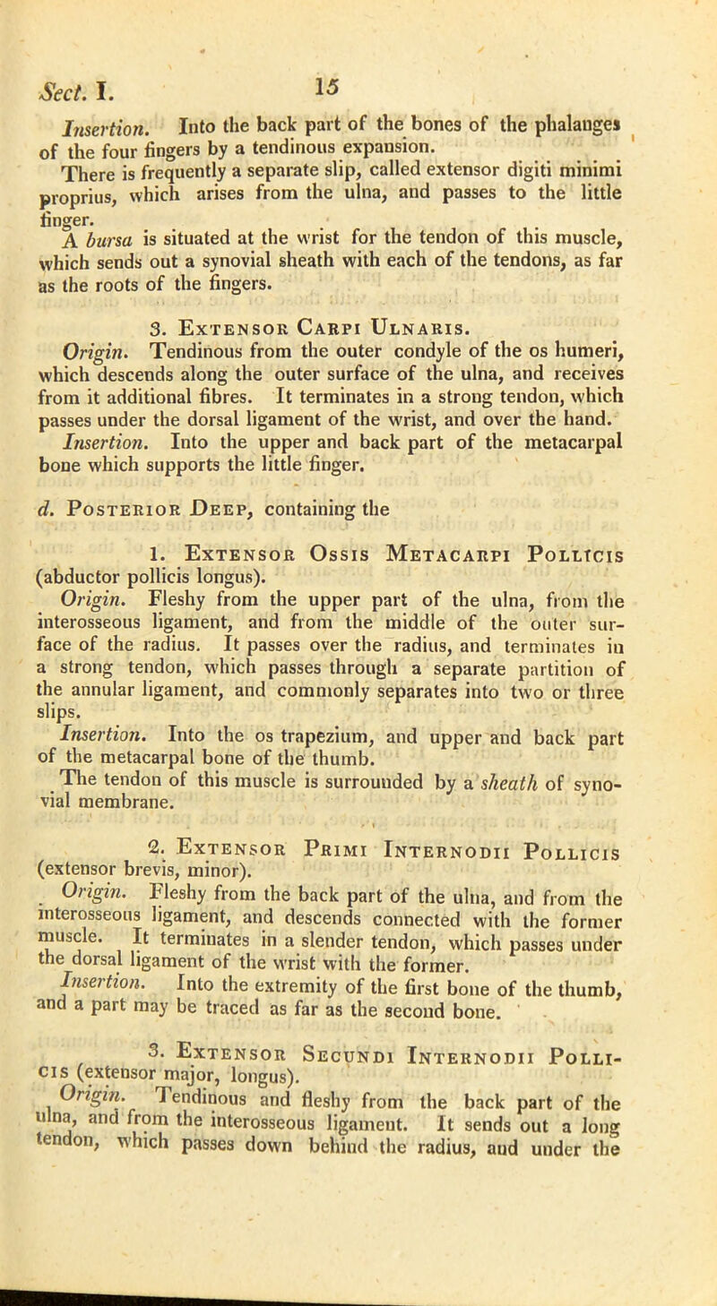 Insertion. Into the back part of the bones of the phalanges of the four fingers by a tendinous expansion. There is frequently a separate slip, called extensor digiti minimi proprius, which arises from the ulna, and passes to the little finger. A bursa is situated at the wrist for the tendon of this muscle, which sends out a synovial sheath with each of the tendons, as far as the roots of the fingers. 3. Extensor Carpi Ulnaris. Origin. Tendinous from the outer condyle of the os humeri, which descends along the outer surface of the ulna, and receives from it additional fibres. It terminates in a strong tendon, which passes under the dorsal ligament of the wrist, and over the hand. Insertion. Into the upper and back part of the metacarpal bone which supports the little finger. d. Posterior Deep, containing the 1. Extensor Ossis Metacarpi Polltcis (abductor pollicis longus). Origin. Fleshy from the upper part of the ulna, from the interosseous ligament, and from the middle of the outer sur- face of the radius. It passes over the radius, and terminates in a strong tendon, which passes through a separate partition of the annular ligament, and commonly separates into two or three slips. Insertion. Into the os trapezium, and upper and back part of the metacarpal bone of the thumb. The tendon of this muscle is surrounded by a sheath of syno- vial membrane. . 1 »’i ... ... . 2. Extensor Primi Internodii Pollicis (extensor brevis, minor). Origin. Fleshy from the back part of the ulna, and from the interosseous ligament, and descends connected with the former muscle. It terminates in a slender tendon, which passes under the dorsal ligament of the wrist with the former. Insertion. Into the extremity of the first bone of the thumb, and a part may be traced as far as the second bone. 3. Extensor Secundi Internodii Polli- cis (extensor major, longus). Origin. 1 endinous and fleshy from the back part of the 11 na> and from the interosseous ligameut. It sends out a long tendon, which passes down behind the radius, aud under the