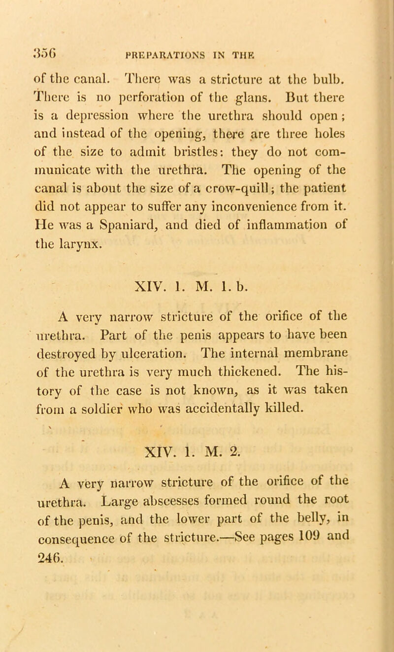 of the canal. There was a stricture at the bulb. There is no perforation of the glans. But there is a depression where the urethra should open ; and instead of the opening, there are three holes of the size to admit bristles: they do not com- municate with the urethra. The opening of the canal is about the size of a crow-quill; the patient did not appear to suffer any inconvenience from it. He was a Spaniard, and died of inflammation of the larynx. XIV. 1. M. l.b. A very narrow stricture of the orifice of the urethra. Part of the penis appears to have been destroyed by ulceration. The internal membrane of the urethra is very much thickened. The his- tory of the case is not known, as it was taken from a soldier who was accidentally killed. \ ' XIV. 1. M. 2. A very narrow stricture of the orifice of the urethra. Large abscesses formed round the root of the penis, and the lower part of the belly, in consequence of the stricture.—See pages 109 and 24G.