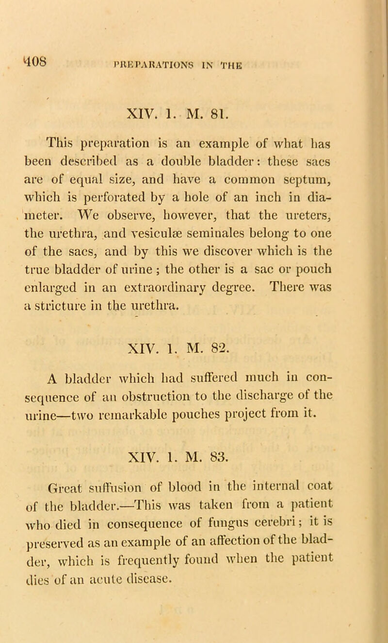 nos XIV. 1. M. 81. This preparation is an example of what lias been described as a double bladder: these sacs are of equal size, and have a common septum, which is perforated by a hole of an inch in dia- meter. We observe, however, that the ureters, the urethra, and vesiculae seminales belong to one of the sacs, and by this we discover which is the true bladder of urine ; the other is a sac or pouch enlarged in an extraordinary degree. There was a stricture in the urethra. XIV. 1. M. 82. A bladder which had suffered much in con- sequence of an obstruction to the discharge of the urine—two remarkable pouches project from it. XIV. 1. M. 83. Great suffusion of blood in the internal coat of the bladder.—This was taken from a patient who died in consequence of fungus cerebri; it is preserved as an example of an affection of the blad- der, which is frequently found when the patient dies of an acute disease.