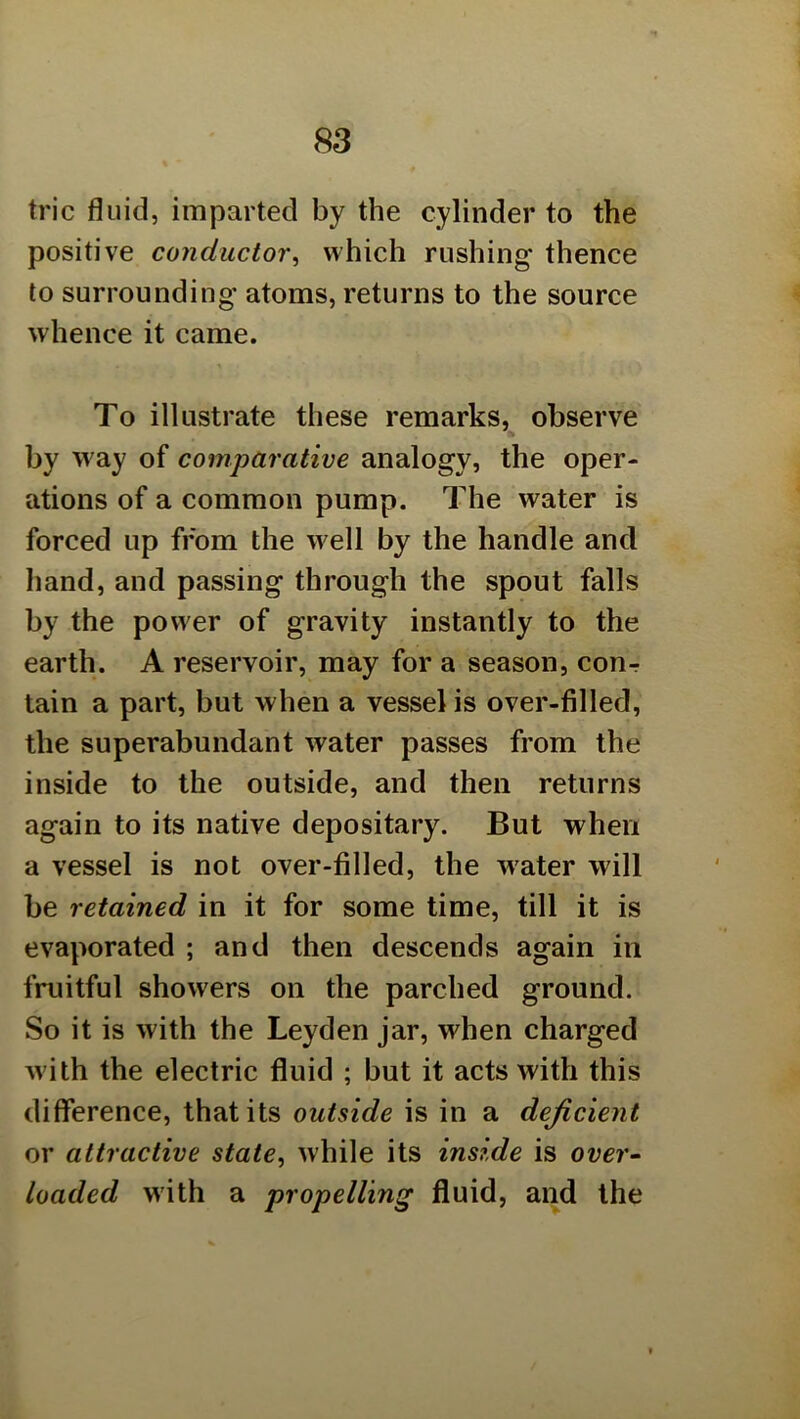 trie fluid, imparted by the cylinder to the positive conductor^ which rushing thence to surrounding atoms, returns to the source whence it came. To illustrate these remarks, observe by way of comparative analogy, the oper- ations of a common pump. The water is forced up from the well by the handle and hand, and passing through the spout falls by the power of gravity instantly to the earth. A reservoir, may for a season, conr tain a part, but when a vessel is over-filled, the superabundant water passes from the inside to the outside, and then returns again to its native depositary. But when a vessel is not over-filled, the water will be retained in it for some time, till it is evaporated ; and then descends again in fruitful showers on the parched ground. So it is with the Leyden jar, when charged w ith the electric fluid ; but it acts with this difference, that its outside is in a deficient or attractive state, while its inside is over- loaded with a propelling fluid, and the