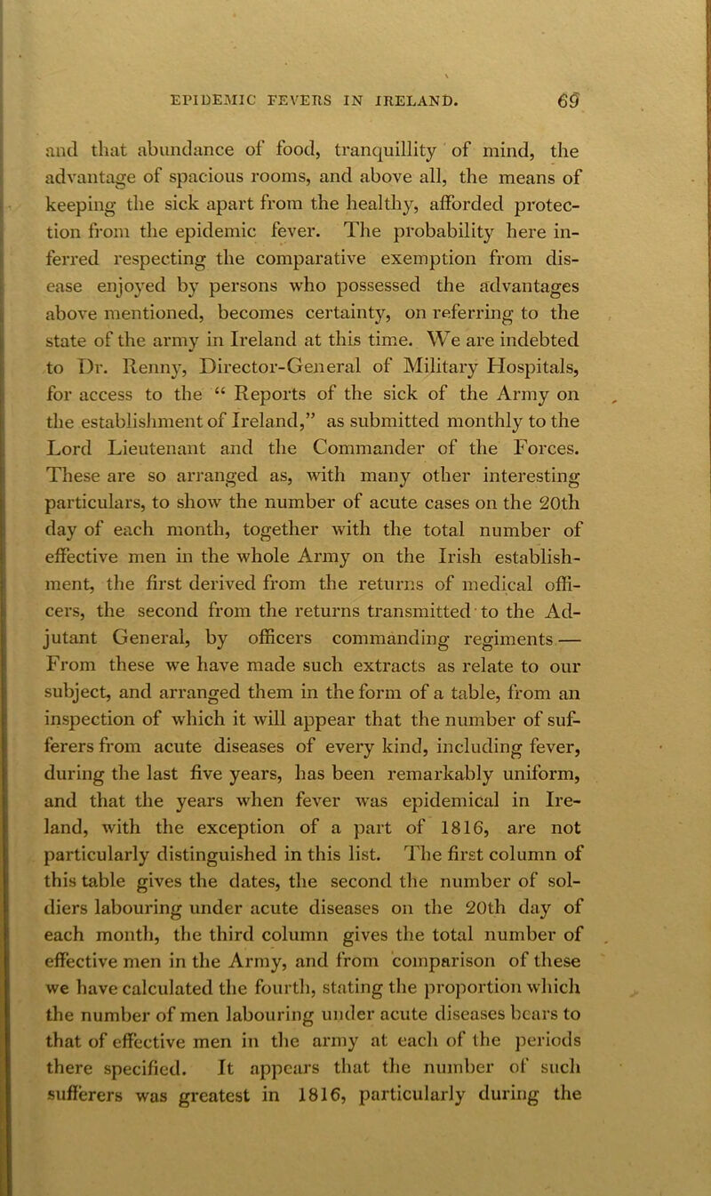 and that abundance of food, tranquillity of mind, the advantage of spacious rooms, and above all, the means of keeping the sick apart from the healthy, afforded protec- tion from the epidemic fever. The probability here in- ferred respecting the comparative exemption from dis- ease enjoyed by persons who possessed the advantages above mentioned, becomes certainty, on referring to the state of the army in Ireland at this time. We are indebted to Dr. Renny, Director-General of Military Hospitals, for access to the “ Reports of the sick of the Army on the establishment of Ireland,” as submitted monthly to the Lord Lieutenant and the Commander of the Forces. These are so arranged as, with many other interesting particulars, to show the number of acute cases on the 20th day of each month, together with the total number of effective men in the whole Army on the Irish establish- ment, the first derived from the returns of medical offi- cers, the second from the returns transmitted • to the Ad- jutant General, by officers commanding regiments — From these we have made such extracts as relate to our subject, and arranged them in the form of a table, from an inspection of which it will appear that the number of suf- ferers from acute diseases of every kind, including fever, during the last five years, has been remarkably uniform, and that the years when fever was epidemical in Ire- land, with the exception of a part of 1816, are not particularly distinguished in this list. The first column of this table gives the dates, the second the number of sol- diers labouring under acute diseases on the 20th day of each month, the third column gives the total number of effective men in the Army, and from comparison of these we have calculated the fourth, stating the proportion which the number of men labouring under acute diseases bears to that of effective men in the army at each of the periods there specified. It appears that tlie number of such sufferers was greatest in 1816, particularly during the