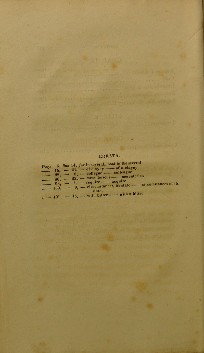 6, line 15, — 32, — 86, — 93, — 160, — 191, - 15, errata. 14 for in several, read in the several 24*, — of clayey of o clayey 8 _ cullegue colleague 2s’ mesenlericus —— mesenterica i - — circ„„s,anc» .f U, with bitter with a bitter