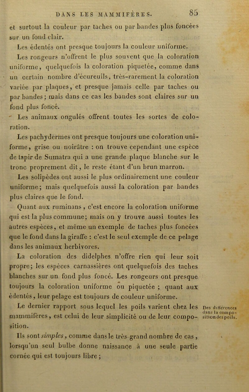 et surtout la couleur par taches ou par bandes plus foncées sur un fond clair. Les édentés ont presque toujours la couleur uniforme. Les rongeurs n’offrent le plus souvent que la coloration uniforme, quelquefois la coloration piquetée, comme dans un certain nombre d’écureuils, très-rarement lu coloration variée par plaques, et presque jamais celle par taches ou par bandes; mais dans ce cas les bandes sont claires sur un fond plus foncé. ' Les animaux ongulés offrent toutes les sortes de colo- ration. Les pachydermes ont presque toujours une coloration uni- forme, grise ou noirâtre : on trouve cependant une espèce de tapir de Sumatra qui a une grande plaque blanche sur le tronc proprement dit, le reste étant d’un brun marron. Les solipèdes ont aussi le plus ordinairement une couleur uniforme; mais quelquefois aussi la coloration par bandes plus claires que le fond. Quant aux ruminans, c’est encore la coloration uniforme qui est la plus commune; mais on y trouve aussi toutes les autres espèces, et même un exemple de taches plus foncées que le fond dans la giraffe : c’est le seul exemple de ce pelage dans les animaux herbivores. La coloration des didelphes n’offre rien qui leur soit propre; les espèces carnassières ont quelquefois des taches blanches sur un fond plus foncé. Les rongeurs ont presque m toujours la coloration uniforme ou piquetée ; quant aux édentés, leur pelage est toujours de couleur uniforme. Le dernier rapport sous lequel les poils varient chez les mammifères, est celui de leur simplicité ou de leur compo- sition. Ils sont simples, comme dans le très-grand nombre de cas , lorsqu’un seul bulbe donne naissance à une seule partie cornée qui est toujours libre; Des diHërences clans la coinpo- sitiündes poils.