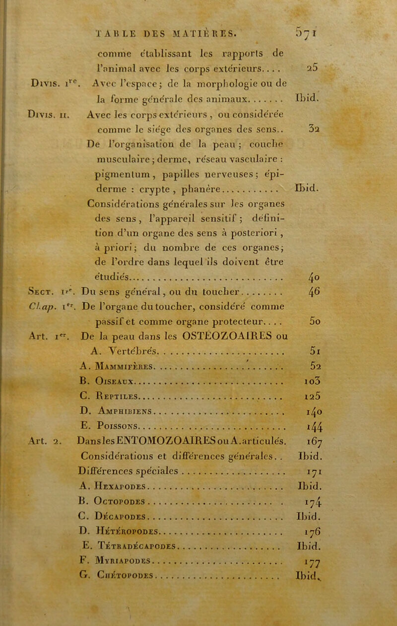 comme établissant les rapports de l’animal avec les corps extérieurs.... 25 Divjs. i’ ®. Avec l’espace J de la morpliologie ou de la l'orme gc'nc'ralc des animaux Ibid. Divis. n. Avec les corps exlc'rieurs , ou conside're'e comme le sie'ge des organes des sens.. 32 De l’organisation de la peau ; couebo musculaire ; derme, re'seau vasculaire : pigmenlum, papilles nerveuses; e'pi- derme : ci'ypte , pbanère Ibid. Conside'rations ge'ne'rales sur les organes des sens , l’appareil sensitif ; défini- tion d’un organe des sens à posteriori, à priori; du nombre de ces organes; de l’ordre dans lequel ils doivent être e'tudie's 4° Sect. If'. Du sens général, ou du toucher 4^ Cl.ap. !■. De l’organe du toucher, considéré comme passif et comme organe protecteur.... 5o Art. I. De la peau dans les OSTÉOZOAIRES ou A. Vertébrés 5i A. Mammifèkes Ô2 B. Oiseaux io3 C. Reptiles laS D. Amphibiens i4o E. Poissons i44 Art. 2. Dans les ENTOMOZOAIRES ou A.articulés. 167 Considérations et différences générales. . Ibid. Différences spéciales 171 A. Hexapodes Ibid. B. OcTOPODES 174 C. Décapodes Ibid. D. Hétéropodes 176 E. Tétradécapodes Ibid. F. Myriapodes 177 G. CiiÉTOPODES Ibid,.