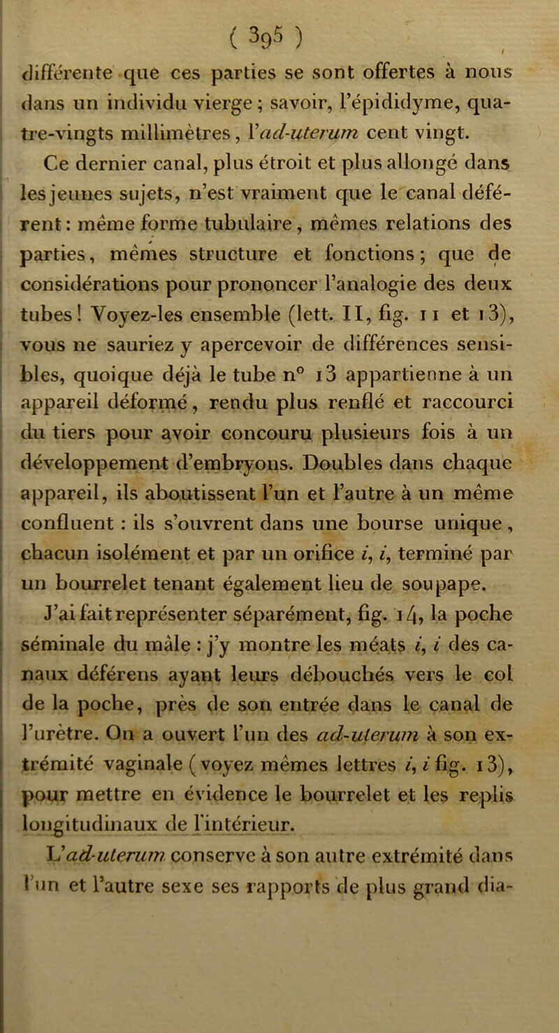 différente que ces parties se sont offertes à nous dans un individu vierge ; savoir, l’épididyme, qua- tre-vingts millimètres, Vad-uterum cent vingt. Ce dernier canal, plus étroit et plus allongé dans les jeunes sujets, n’est vraiment que le canal défé- rent : meme forme tubulaire, memes relations des parties, mêmes structure et fonctions; que de considérations pour prononcer l’analogie des deux tubes! Voyez-les ensemble (lett. II, fig. ii et i3), vous ne sauriez y apercevoir de différences sensi- bles, quoique déjà le tube n° i3 appartienne à un appareil déformé, rendu plus renflé et raccourci du tiers pour avoir concouru plusieurs fois à un développement d’embryons. Doubles dans chaque appareil, ils aboutissent l’un et l’autre à un même confluent : ils s’ouvrent dans une bourse unique , chacun isolément et par un orifice f, i, terminé par un bourrelet tenant également lieu de soupape. J’ai fait représenter séparément, fig. la poche séminale du mâle : j’y montre les méats «, i des ca- naux déférens ayant leurs débouchés vers le col de la poche, près de son entrée dans le canal de l’urètre. On a ouvert l’un des ad-ulerum à son ex- trémité vaginale ( voyez mêmes lettres ffig. i3), j pour mettre en évidence le bourrelet et les replis I longitudinaux de rintérieur. ; ad-ulerum conserve à son autre extrémité dans I l’un et l’autre sexe ses rapports de plus grand dia-