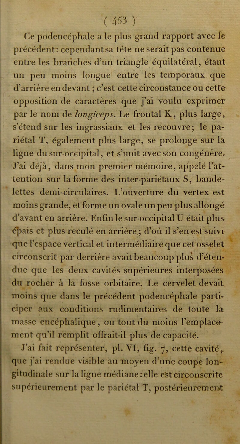 ( 4S3 ) Ce podencéphale a le plus grand rapport avec Te précédent: cependant sa tête ne serait pas contenue entre les branches d’un triangle équilatéral, étant un peu moins longue entre les temporaux que d’arrière en devant ; c’est cette circonstance ou cette opposition de caractères que j’ai voulu exprimer par le nom de longiceps. Le frontal R, plus large, s’étend sur les ingrassiaux et les recouvre; le pa- riétal T, également plus large, se prolonge sur la ligne du sur-occipital, et s’unit avec son congénère. J’ai déjà, dans mon premier mémoire, appelé l’at- tention sur la forme des inter-pariétaux S, bande- lettes demi-circulaires. L’ouverture du vertex est moins grande, et forme un ovale un peu plus allongé d’avant en arrière. Enfin le sur-occipital U était plus épais et plus reculé en arrière^ d’où il s’en est suivi que l’espace vertical et intermédiaire que cet osselet ** circonscrit par derrière avait beaucoup plus d’éten- due que les deux cavités supérieures interposées du rocher à la fosse orbitaire. Le cervelet devait moins que dans le précédent podencéphale parti- ciper aux conditions rudimentaires de toute la masse encéphalique, ou tout du moins l’emplace- ment qu’il remplit offrait-il plus de capacité. J’ai fait représenter, pl. VI, fig. 7, cette cavité^ que j’ai rendue visible au moyen d’une coupe lon- gitudinale sur la ligne médiane: elle est circonscrite supérieurement par le pariétal T, postérieurement