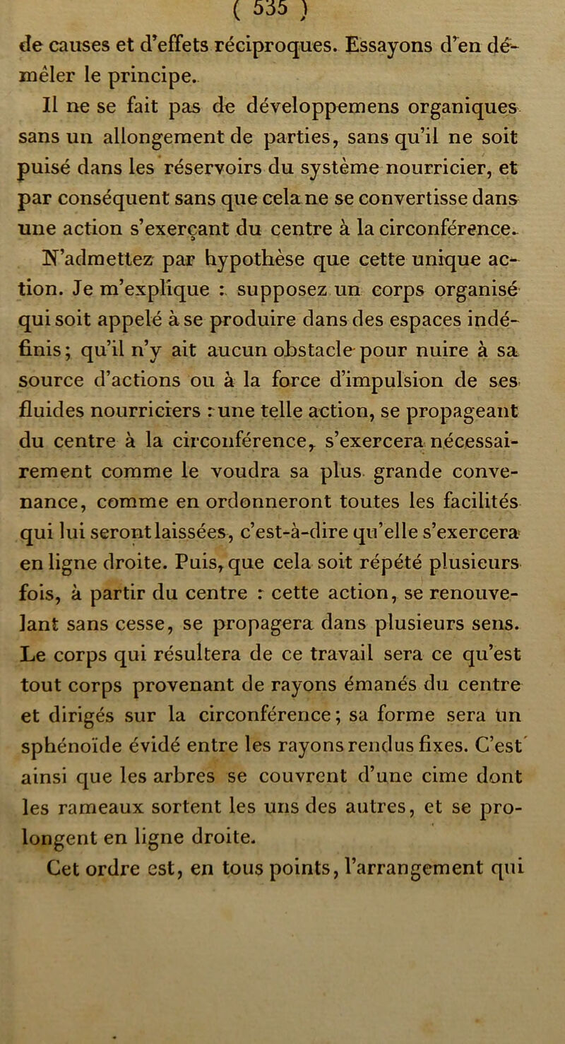 ( 5:55 ) de causes et d’effets réciproques. Essayons d’en dé^ mêler le principe. Il ne se fait pas de développemens organiques sans un allongement de parties, sans qu’il ne soit puisé dans les réservoirs du système nourricier, et par conséquent sans que celane se convertisse dans une action s’exerçant du centre à la circonférence.. !N’admetlez par hypothèse que cette unique ac- tion. Je m’explique supposez un corps organisé qui soit appelé à se produire dans des espaces indé- finis ; qu’il n’y ait aucun obstacle pour nuire à sa source d’actions ou à la force d’impulsion de ses. fluides nourriciers rune telle action, se propageant du centre à la circonférence, s’exercera nécessai- rement comme le voudra sa plus grande conve- nance, comme en ordonneront toutes les facilités qui lui seront laissées, c’est-à-dire qu’elle s’exercera en ligne droite. Puis, que cela soit répété plusieurs fois, à partir du centre r cette action, se renouve- lant sans cesse, se propagera dans plusieurs sens. Le corps qui résultera de ce travail sera ce qu’est tout corps provenant de rayons émanés du centre et dirigés sur la circonférence; sa forme sera Un sphénoïde évidé entre les rayons rendus fixes. C’est ainsi que les arbres se couvrent d’une cime dont les rameaux sortent les uns des autres, et se pro- longent en ligne droite. Cet ordre est, en tous points, l’arrangement qui