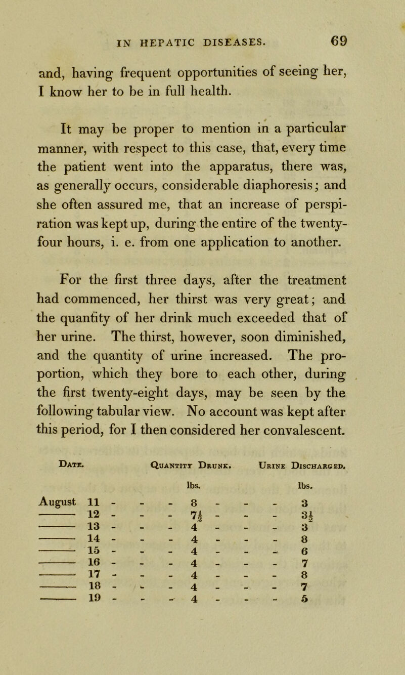 and, having frequent opportunities of seeing her, I know her to be in full health. It may be proper to mention in a particular manner, with respect to this case, that, every time the patient went into the apparatus, there was, as generally occurs, considerable diaphoresis; and she often assured me, that an increase of perspi- ration was kept up, during the entire of the twenty- four hours, i. e. from one application to another. For the first three days, after the treatment had commenced, her thirst was very great; and the quantity of her drink much exceeded that of her urine. The thirst, however, soon diminished, and the quantity of urine increased. The pro- portion, which they bore to each other, during . the first twenty-eight days, may be seen by the following tabular view. No account was kept after this period, for I then considered her convalescent. Date. Quantitt Drunk. Urine Discharged, lbs. lbs. August 11 - - 8 - 3 12 - - - Ik - - 13 - - 4 - - . 3 14 - _ 4 - - . 8 15 - . 4 _ - 6 16 - - 4 — . 7 17 - _ 4 _ 8