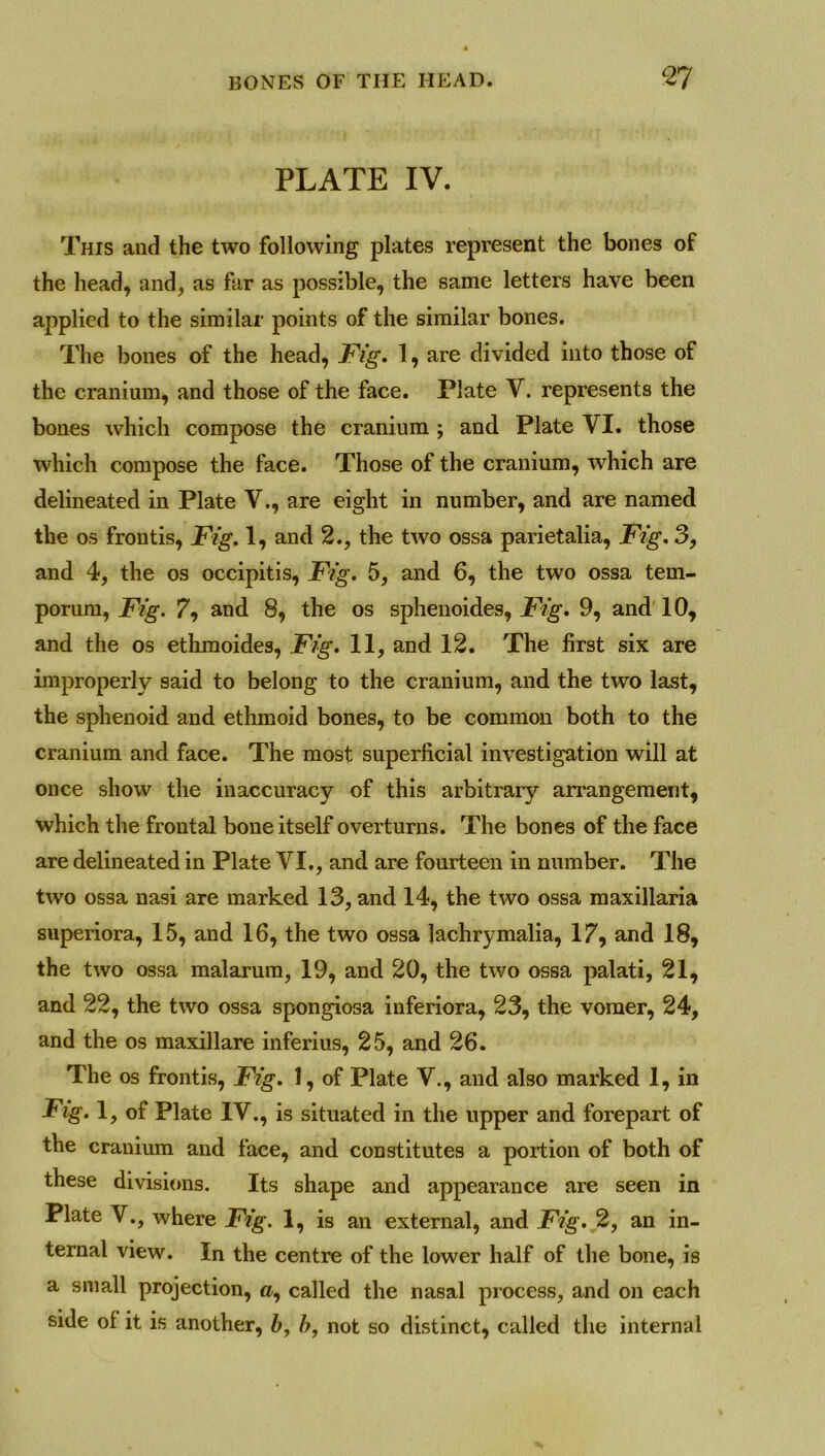 PLATE IV. This and the two following plates represent the bones of the head, and, as far as possible, the same letters have been applied to the similar points of the similar bones. The bones of the head, Fig. 1, are divided into those of the cranium, and those of the face. Plate V. represents the bones which compose the cranium ; and. Plate VI. those which compose the face. Those of the cranium, which are delineated in Plate V., are eight in number, and are named the os frontis, Fig. 1, and 2., the two ossa parietalia, Fig. 3, and 4, the os occipitis, Fig. 5, and 6, the two ossa tem- porum, Fig. 7, and 8, the os sphenoides, Fig. 9, and 10, and the os ethmoides, Fig. 11, and 12. The first six are improperly said to belong to the cranium, and the two last, the sphenoid and ethmoid bones, to be common both to the cranium and face. The most superficial investigation will at once show the inaccuracy of this arbitrary arrangement, which the frontal bone itself overturns. The bones of the face are delineated in Plate VI,, and are fourteen in number. The two ossa nasi are marked 13, and 14, the two ossa maxillaria superiora, 15, and 16, the two ossa lachrymalia, 17, and 18, the two ossa malarum, 19, and 20, the two ossa palati, 21, and 22, the two ossa spongiosa inferiora, 23, the vomer, 24, and the os maxillare inferius, 25, and 26. The os frontis, Fig. 1, of Plate V., and also marked 1, in Fig. 1, of Plate IV., is situated in the upper and forepart of the cranium and face, and constitutes a portion of both of these divisions. Its shape and appearance are seen in Plate V., where Fig. 1, is an external, and Fig. 2, an in- ternal view. In the centre of the lower half of the bone, is a small projection, a, called the nasal process, and on each side of it is another, b, b, not so distinct, called the internal