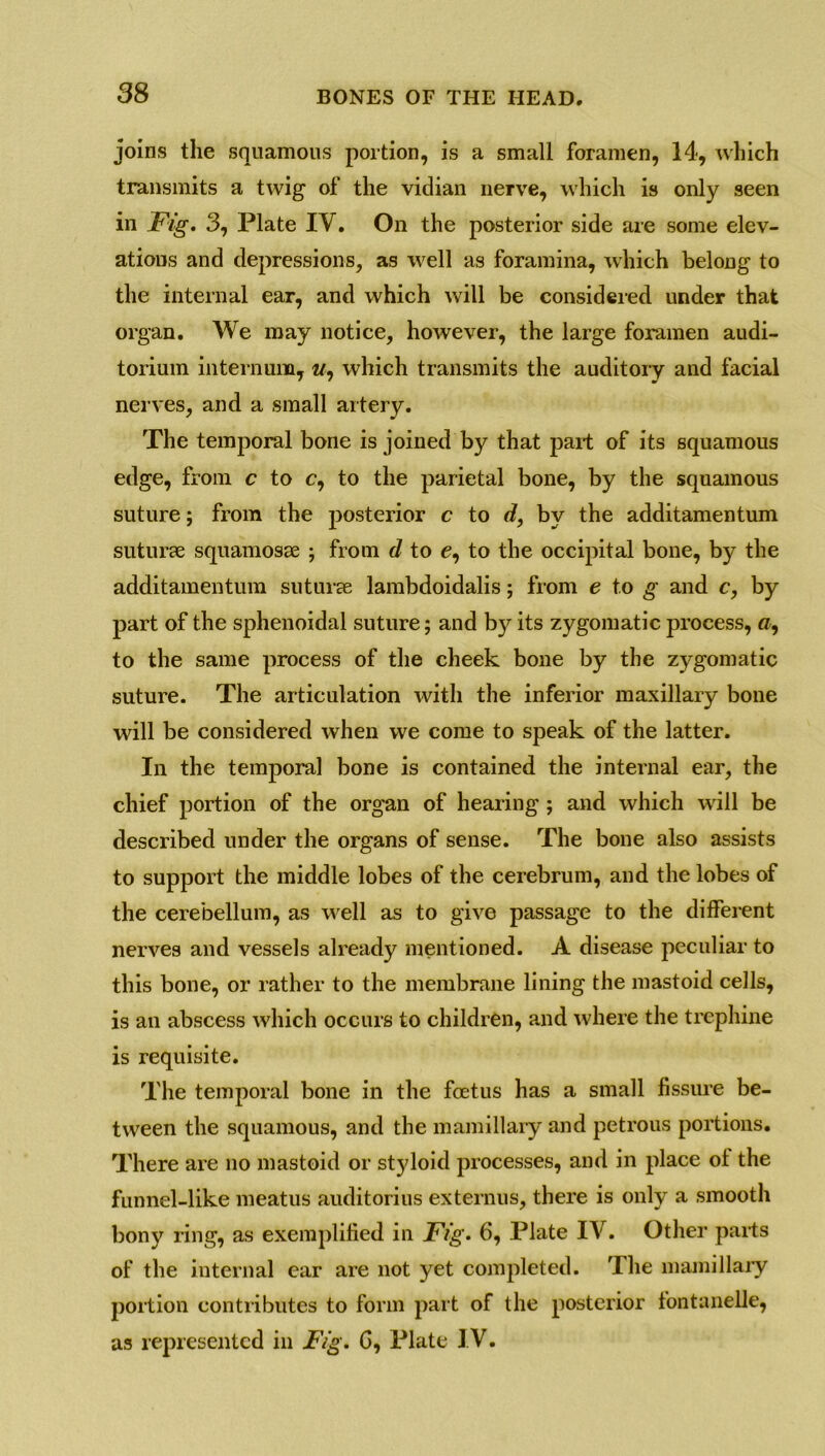 joins the squamous portion, is a small foramen, 14, which transmits a twig of the vidian nerve, which is only seen in Fig. 3, Plate IY. On the posterior side are some elev- ations and depressions, as well as foramina, which belong to the internal ear, and which will be considered under that organ. We may notice, however, the large foramen audi- torium internum, w, which transmits the auditory and facial nerves, and a small artery. The temporal bone is joined by that part of its squamous edge, from c to c, to the parietal bone, by the squamous suture; from the posterior c to d, by the additamentum suturse squamosse ; from d to e, to the occipital bone, by the additamentum suturae lambdoidalis; from e to g and c, by part of the sphenoidal suture; and by its zygomatic process, o, to the same process of the cheek bone by the zygomatic suture. The articulation with the inferior maxillary bone will be considered when we come to speak of the latter. In the temporal bone is contained the internal ear, the chief portion of the organ of hearing; and which will be described under the organs of sense. The bone also assists to support the middle lobes of the cerebrum, and the lobes of the cerebellum, as well as to give passage to the different nerves and vessels already mentioned. A disease peculiar to this bone, or rather to the membrane lining the mastoid cells, is an abscess which occurs to children, and where the trephine is requisite. The temporal bone in the foetus has a small fissure be- tween the squamous, and the mamillary and petrous portions. There are no mastoid or styloid processes, and in place ol the funnel-like meatus auditorius externus, there is only a smooth bony ring, as exemplified in Fig. 6, Plate IV. Other parts of the internal ear are not yet completed. The mamillary portion contributes to form part of the posterior fontanelle, as represented in Fig. G, Plate IV.