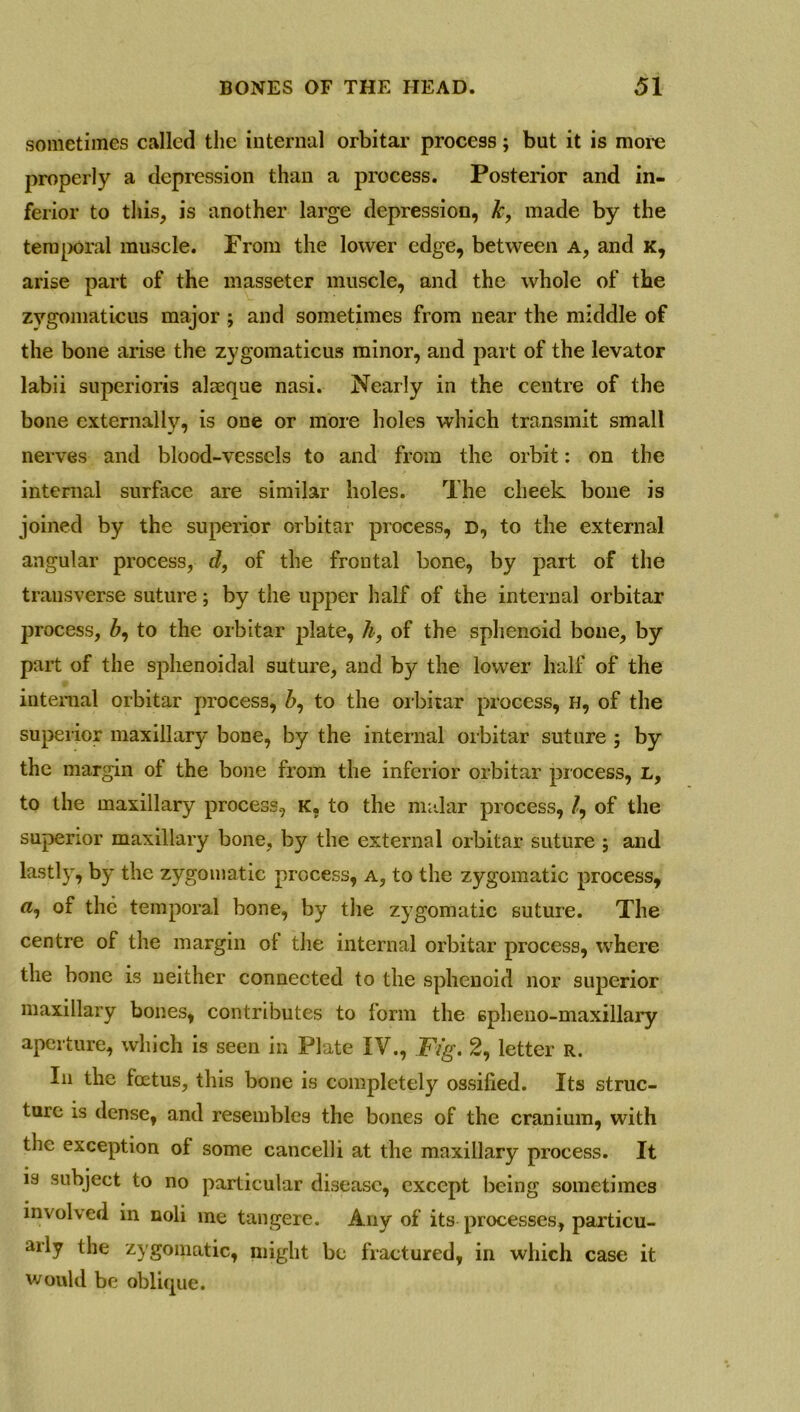 sometimes called the internal orbitar process; but it is more properly a depression than a process. Posterior and in- ferior to this, is another large depression, k, made by the temporal muscle. From the lower edge, between a, and k, arise part of the masseter muscle, and the whole of the zvgomaticus major ; and sometimes from near the middle of the bone arise the zygomaticus minor, and part of the levator labii superioris aloeque nasi. Nearly in the centre of the bone externally, is one or more holes which transmit small nerves and blood-vessels to and from the orbit: on the internal surface are similar holes. The cheek bone is joined by the superior orbitar process, d, to the external angular process, d, of the frontal bone, by part of the transverse suture; by the upper half of the internal orbitar process, b, to the orbitar plate, h, of the sphenoid bone, by part of the sphenoidal suture, and by the lower half of the internal orbitar process, to the orbitar process, H, of the superior maxillary bone, by the internal orbitar suture ; by the margin of the bone from the inferior orbitar process, L, to the maxillary process, K, to the malar process, /, of the superior maxillary bone, by the external orbitar suture ; and lastly, by the zygomatic process, a, to the zygomatic process, «, of the temporal bone, by the zygomatic suture. The centre of the margin ol the internal orbitar process, where the bone is neither connected to the sphenoid nor superior maxillary bones, contributes to form the spheno-maxillary aperture, which is seen in Plate IV., Fig. 2, letter R. In the foetus, this bone is completely ossified. Its struc- ture is dense, and resembles the bones of the cranium, with the exception of some cancelli at the maxillary process. It is subject to no particular disease, except being sometimes involved in noli me tangere. Any of its processes, particu- arly the zygomatic, might be fractured, in which case it would be oblique.