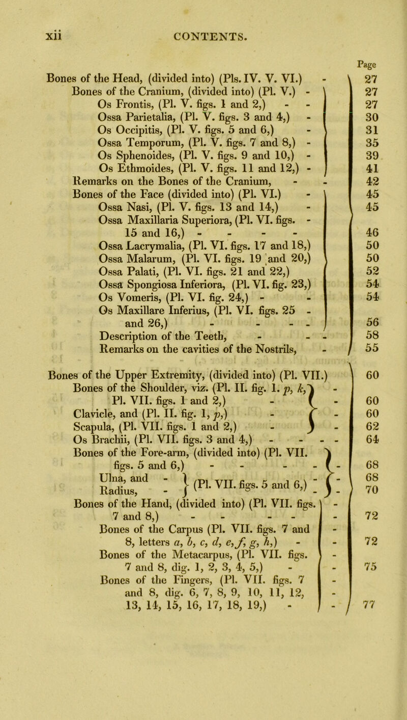 Page Bones of the Head, (divided into) (Pis. IV. V. VI.) Bones of the Cranium, (divided into) (PI. V.) - Os Frontis, (PI. V. figs. 1 and 2,) Ossa Parietalia, (PI. V. figs. 3 and 4,) Os Occipitis, (PI. V. figs. 5 and 6,) Ossa Temporum, (PI. V. figs. 7 and 8,) - Os Sphenoides, (PI. V. figs. 9 and 10,) - Os Ethmoides, (PI. V. figs. 11 and 12,) - Remarks on the Bones of the Cranium, Bones of the Face (divided into) (PI. VI.) Ossa Nasi, (PI. V. figs. 13 and 14,) Ossa Maxillaria Superiora, (PI. VI. figs. - 15 and 16,) - Ossa Lacrymalia, (PI. VI. figs. 17 and 18,) Ossa Malarum, (PI. VI. figs. 19 and 20,) Ossa Palati, (PI. VI. figs. 21 and 22,) Ossa Spongiosa Inferiora, (PI. VI. fig. 23,) Os Vomeris, (PI. VI. fig. 24,) - Os Maxillare Inferius, (PI. VI. figs. 25 - and 26,) - - - - Description of the Teeth, - - - Remarks on the cavities of the Nostrils, \ 27 27 27 30 31 35 39 41 42 45 45 46 50 50 52 54 54 56 58 Bones of the Upper Extremity, (divided into) (PI. VII.) Bones of the Shoulder, viz. (PI. II. fig. 1. p, k,' PI. VII. figs. 1 and 2,) Clavicle, and (PI. II. fig. 1, p,) Scapula, (PI. VII. figs. 1 and 2,) Os Brachii, (PI. VII. figs. 3 and 4,) Bones of the Fore-arm, (divided into) (PI. VII. figs. 5 and 6,) - Radius,1 : } (PI-VII. %s. 5 and 6,); Bones of the Hand, (divided into) (PI. VII. figs. 7 and 8,) - - Bones of the Carpus (PI. VII. figs. 7 and 8, letters a, b, c, d, e,f, g, h,) Bones of the Metacarpus, (PI. VII. figs. 7 and 8, dig. 1, 2, 3, 4, 5,) Bones of the Fingers, (PI. VII. figs. 7 and 8, dig. 6, 7, 8, 9, 10, 11, 12, 13, 14, 15, 16, 17, 18, 19,) I 60 60 60 62 64 68 68 70 72 72 75 77