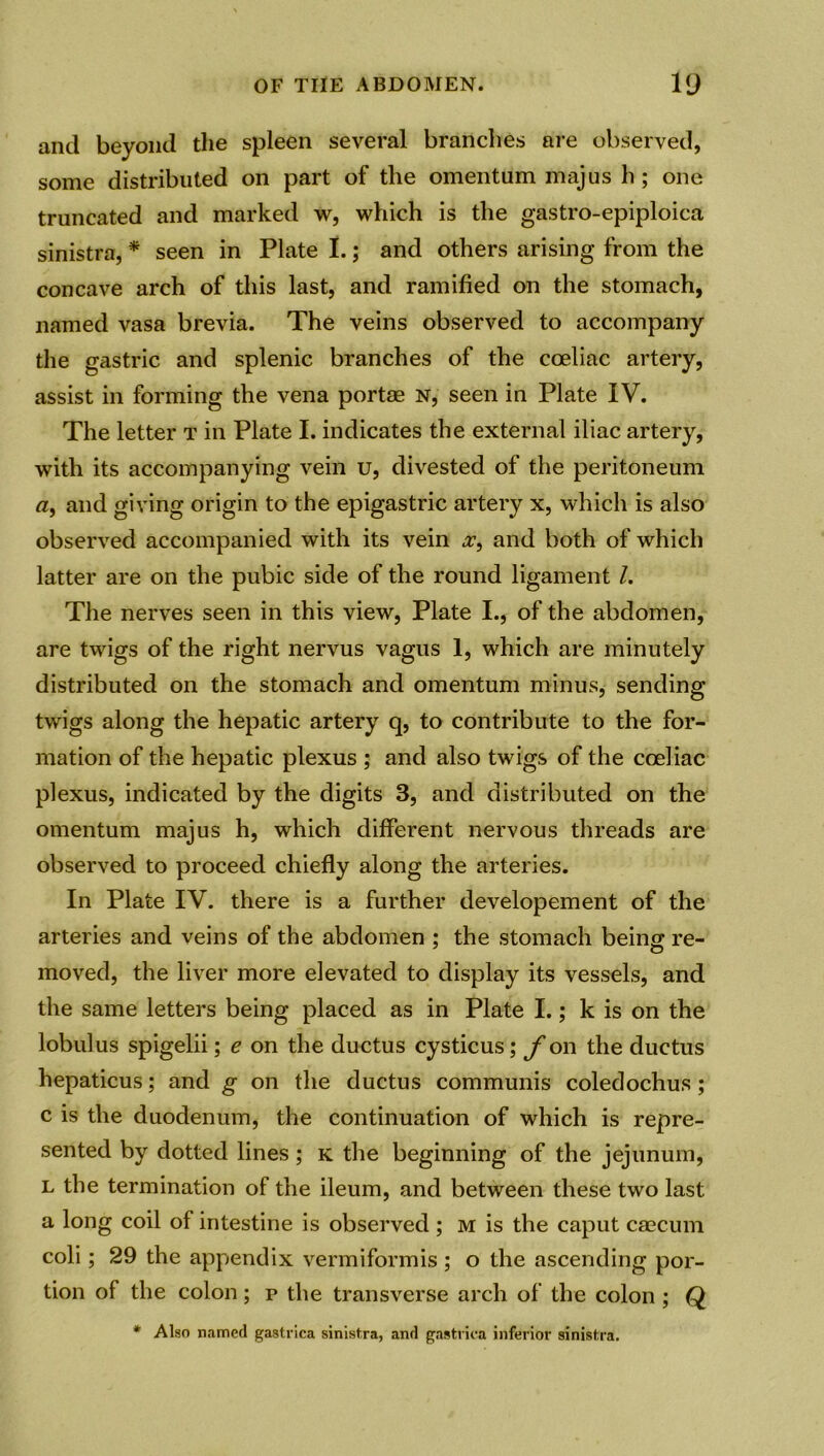 and beyond the spleen several branches are observed, some distributed on part of the omentum majus h; one truncated and marked w, which is the gastro-epiploica sinistra, * seen in Plate I.; and others arising from the concave arch of this last, and ramified on the stomach, named vasa brevia. The veins observed to accompany the gastric and splenic branches of the coeliac artery, assist in forming the vena portae n, seen in Plate IV. The letter t in Plate I. indicates the external iliac artery, with its accompanying vein u, divested of the peritoneum a, and giving origin to the epigastric artery x, which is also observed accompanied with its vein .r, and both of which latter are on the pubic side of the round ligament l. The nerves seen in this view, Plate I., of the abdomen, are twigs of the right nervus vagus 1, which are minutely distributed on the stomach and omentum minus, sending twigs along the hepatic artery q, to contribute to the for- mation of the hepatic plexus ; and also twigs of the coeliac plexus, indicated by the digits 3, and distributed on the omentum majus h, which different nervous threads are observed to proceed chiefly along the arteries. In Plate IV. there is a further developement of the arteries and veins of the abdomen ; the stomach being re- moved, the liver more elevated to display its vessels, and the same letters being placed as in Plate I.; k is on the lobulus spigelii; e on the ductus cysticus; f on the ductus hepaticus; and g on the ductus communis coledochus ; c is the duodenum, the continuation of which is repre- sented by dotted lines; k the beginning of the jejunum, l the termination of the ileum, and between these two last a long coil of intestine is observed; m is the caput caecum coli; 29 the appendix vermiformis ; o the ascending por- tion of the colon; p the transverse arch of the colon ; Q