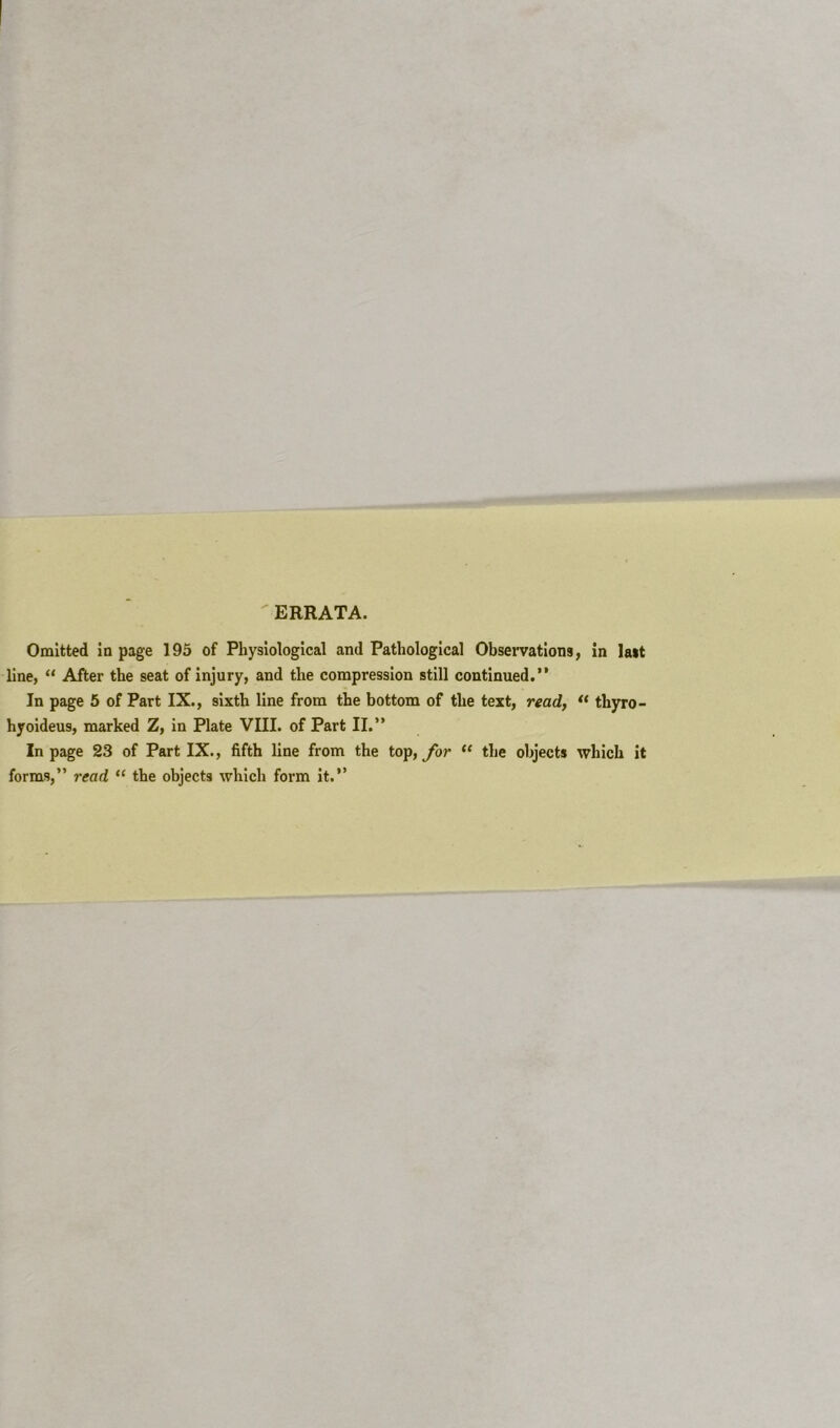 ERRATA. Omitted in page 195 of Physiological and Pathological Observations, in last line, “ After the seat of injury, and the compression still continued.” In page 5 of Part IX., sixth line from the bottom of the text, read, u thyro- hyoideus, marked Z, in Plate VIII. of Part II.” In page 23 of Part IX., fifth line from the top, for “ the objects which it forms,” read “ the objects which form it.”