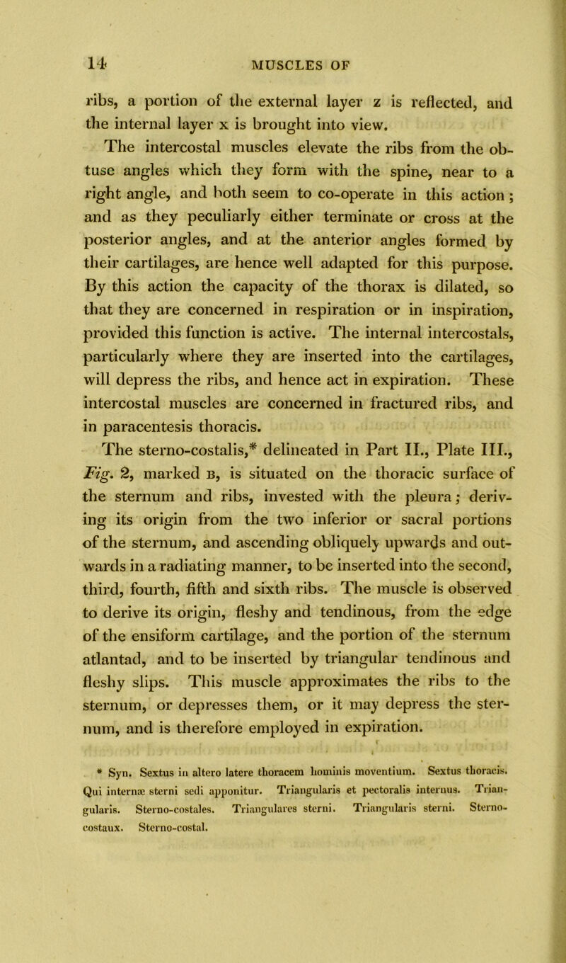 ribs, a portion of the external layer z is reflected, and the internal layer x is brought into view. The intercostal muscles elevate the ribs from the ob- tuse angles which they form with the spine, near to a right angle, and both seem to co-operate in this action ; and as they peculiarly either terminate or cross at the posterior angles, and at the anterior angles formed by their cartilages, are hence well adapted for this purpose. By this action the capacity of the thorax is dilated, so that they are concerned in respiration or in inspiration, provided this function is active. The internal intercostals, particularly where they are inserted into the cartilages, will depress the ribs, and hence act in expiration. These intercostal muscles are concerned in fractured ribs, and in paracentesis thoracis. The sterno-costalis,* delineated in Part II., Plate III., Fig. 2, marked b, is situated on the thoracic surface of the sternum and ribs, invested with the pleura; deriv- ing its origin from the two inferior or sacral portions of the sternum, and ascending obliquely upwards and out- wards in a radiating manner, to be inserted into the second, third, fourth, fifth and sixth ribs. The muscle is observed to derive its origin, fleshy and tendinous, from the edge of the ensiform cartilage, and the portion of the sternum atlantad, and to be inserted by triangular tendinous and fleshy slips. This muscle approximates the ribs to the sternum, or depresses them, or it may depress the ster- num, and is therefore employed in expiration. * Syn. Sextus in altero latere thoracem lioniinis moventium. Sextus thoracis. Qui interna; sterni sedi apponitur. Triangularis et pectoralis interims. Trian- gularis. Sterno-costales. Triangulares sterni. Triangularis sterni. Sterno- costaux. Sterno-costal.