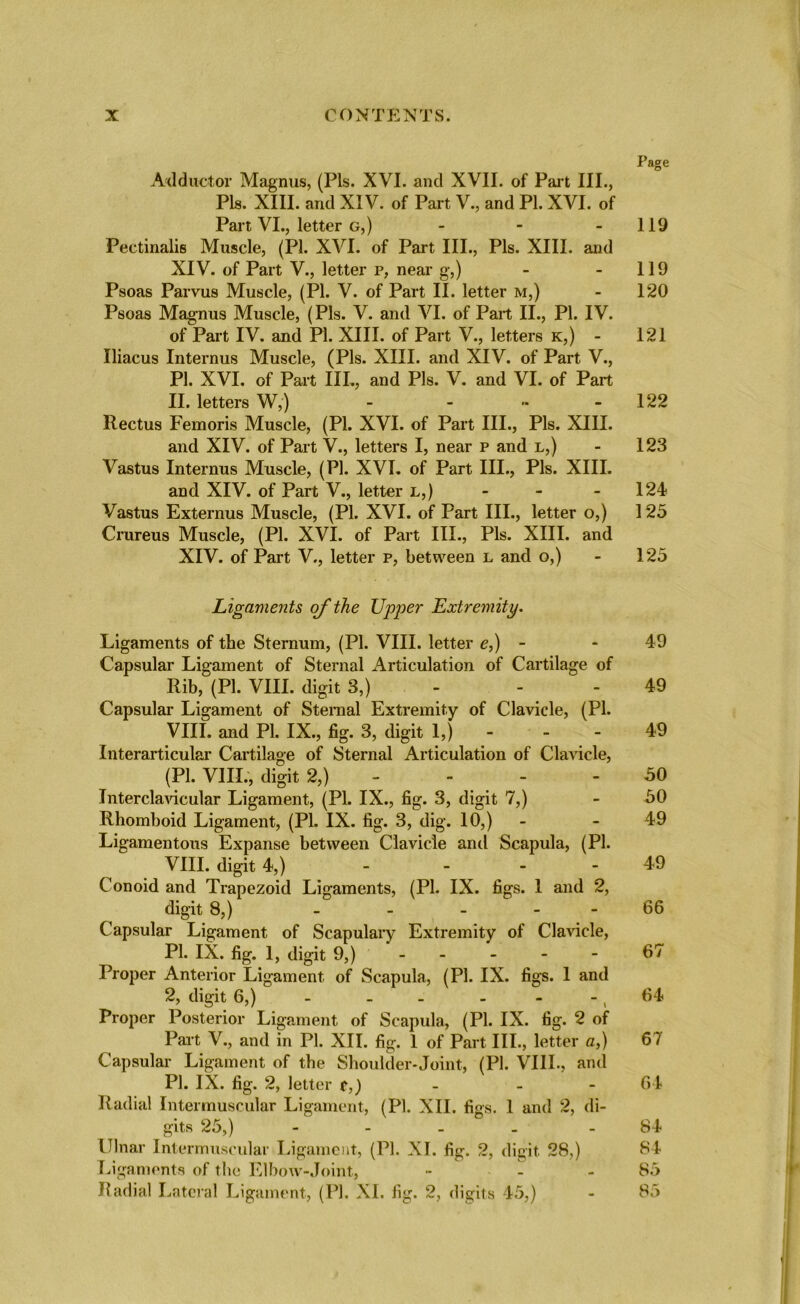 Page Adductor Magnus, (Pis. XVI. and XVII. of Part III., Pis. XIII. and XIV. of Part V., and PI. XVI. of Part VI., letter g,) - - 119 Pectinalis Muscle, (PI. XVI. of Part III., Pis. XIII. and XIV. of Part V., letter p, near g,) - 119 Psoas Parvus Muscle, (PI. V. of Part II. letter m,) - 120 Psoas Magnus Muscle, (Pis. V. and VI. of Part II., PI. IV. of Part IV. and PI. XIII. of Part V., letters k,) - 121 Iliacus Internus Muscle, (Pis. XIII. and XIV. of Part V., Pi. XVI. of Part III., and Pis. V. and VI. of Part II. letters W,) ..... 122 Rectus Femoris Muscle, (PI. XVI. of Part III., Pis. XIII. and XIV. of Part V., letters I, near p and l,) - 123 Vastus Internus Muscle, (PI. XVI. of Part III., Pis. XIII. and XIV. of Part V., letter l,) - - - 124 Vastus Externus Muscle, (PI. XVI. of Part III., letter o,) 125 Crureus Muscle, (PI. XVI. of Part III., Pis. XIII. and XIV. of Part V., letter p, between l and o,) - 125 Ligaments of the Upper- Extremity. Ligaments of the Sternum, (PI. VIII. letter e,) - 49 Capsular Ligament of Sternal Articulation of Cartilage of Rib, (PI. VIII. digit 3,) - 49 Capsular Ligament of Sternal Extremity of Clavicle, (PI. VIII. and PI. IX., fig. 3, digit 1,) - - - 49 Interarticular Cartilage of Sternal Articulation of Clavicle, (PI. VIII., digit 2,) 50 .Tnterclavicular Ligament, (PI. IX., fig. 3, digit 7,) - 50 Rhomboid Ligament, (PI. IX. fig. 3, dig. 10,) - 49 Ligamentous Expanse between Clavicle anti Scapula, (PI. VIII. digit 4,) - 49 Conoid and Trapezoid Ligaments, (PI. IX. figs. 1 and 2, digit 8,) - - - 66 Capsular Ligament of Scapulary Extremity of Clavicle, PI. IX. fig. 1, digit 9,) - - - - 67 Proper Anterior Ligament, of Scapula, (PI. IX. figs. 1 and 2, digit 6,) - - - - - 64 Proper Posterior Ligament of Scapula, (PI. IX. tig. 2 of Part V., and in PI. XII. fig. 1 of Part III., letter a,) 67 Capsular Ligament of the Shoulder-Joint, (PI. VIII., and PI. IX. fig. 2, letter c,) - 64 Radial Intermuscular Ligament, (PI. XII. figs. 1 and 2, di- gits 25,) - 84 Ulnar Intermuscular Ligament, (PI. XI. fig. 2, digit 28,) 64 Ligaments of the Elbow-Joint, •• - 85 Radial Lateral Ligament, (PI. XI. fig. 2, digits 45,) - 85