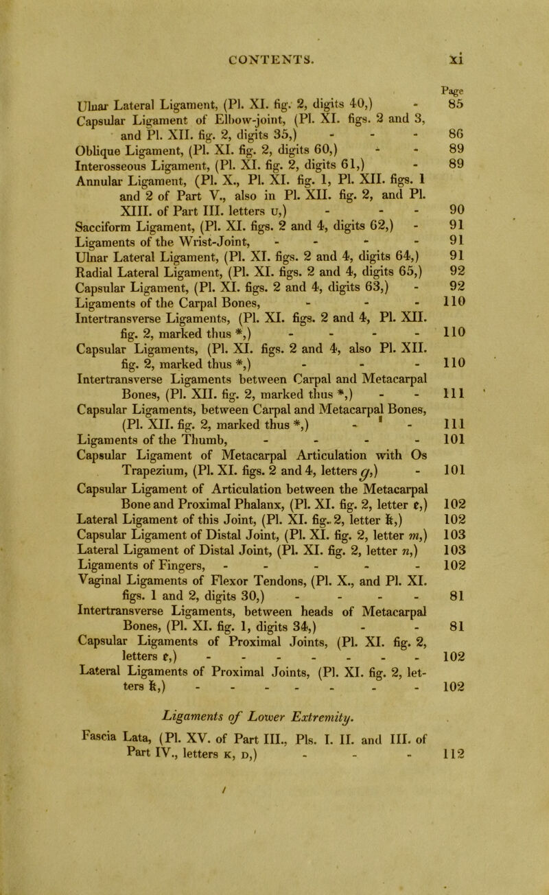 Page Ulnar Lateral Ligament, (PI. XL fig. 2, digits 40,) - 85 Capsular Ligament of Elbow-joint, (PI. XI. figs. 2 and 3, and PI. XII. fig. 2, digits 35,) - 86 Oblique Ligament, (PI. XI. fig. 2, digits 60,) - - 89 Interosseous Ligament, (PI. XI. fig. 2, digits 61,) - 89 Annular Ligament, (PI. X., PI. XI. fig. 1, PI. XII. figs. 1 and 2 of Part V., also in PI. XII. fig. 2, and PI. XIII. of Part III. letters u,) - 90 Sacciform Ligament, (PI. XI. figs. 2 and 4, digits 62,) - 91 Ligaments of the Wrist-Joint, - - - - 91 Ulnar Lateral Ligament, (PI. XI. figs. 2 and 4, digits 64,) 91 Radial Lateral Ligament, (PI. XI. figs. 2 and 4, digits 65,) 92 Capsular Ligament, (PI. XI. figs. 2 and 4, digits 63,) - 92 Ligaments of the Carpal Bones, - - - 110 Intertransverse Ligaments, (PI. XI. figs. 2 and 4, PI. XII. fig. 2, marked thus *,) - - - - 110 Capsular Ligaments, (PI. XL figs. 2 and 4, also PI. XII. fig. 2, marked thus*,) - - - 110 Intertransverse Ligaments between Carpal and Metacarpal Bones, (PI. XII. fig. 2, marked thus *,) - - 111 Capsular Ligaments, between Carpal and Metacarpal Bones, (PI. XII. fig. 2, marked thus*,) - 1 - 111 Ligaments of the Thumb, - - - 101 Capsular Ligament of Metacarpal Articulation with Os Trapezium, (PI. XI. figs. 2 and 4, letters g,) - 101 Capsular Ligament of Articulation between the Metacarpal Bone and Proximal Phalanx, (PI. XI. fig. 2, letter e,) 102 Lateral Ligament of this Joint, (PI. XI. fig.. 2, letter &,) 102 Capsular Ligament of Distal Joint, (PI. XI. fig. 2, letter m,) 103 Lateral Ligament of Distal Joint, (PI. XI. fig. 2, letter n,) 103 Ligaments of Fingers, - - - 102 Vaginal Ligaments of Flexor Tendons, (PI. X., and PI. XI. figs. 1 and 2, digits 30,) - - - - 81 Intertransverse Ligaments, between heads of Metacarpal Bones, (PI. XI. fig. 1, digits 34,) - - 81 Capsular Ligaments of Proximal Joints, (PI. XI. fig. 2, letters e,) ------ - 102 Lateral Ligaments of Proximal Joints, (PI. XI. fig. 2, let- ters k,) - - 102 Ligaments of Lower Extremity. Fascia Lata, (PI. XV. of Part III., Pis. I. II. and III. of Part IV., letters k, d,) - - - 112 / /