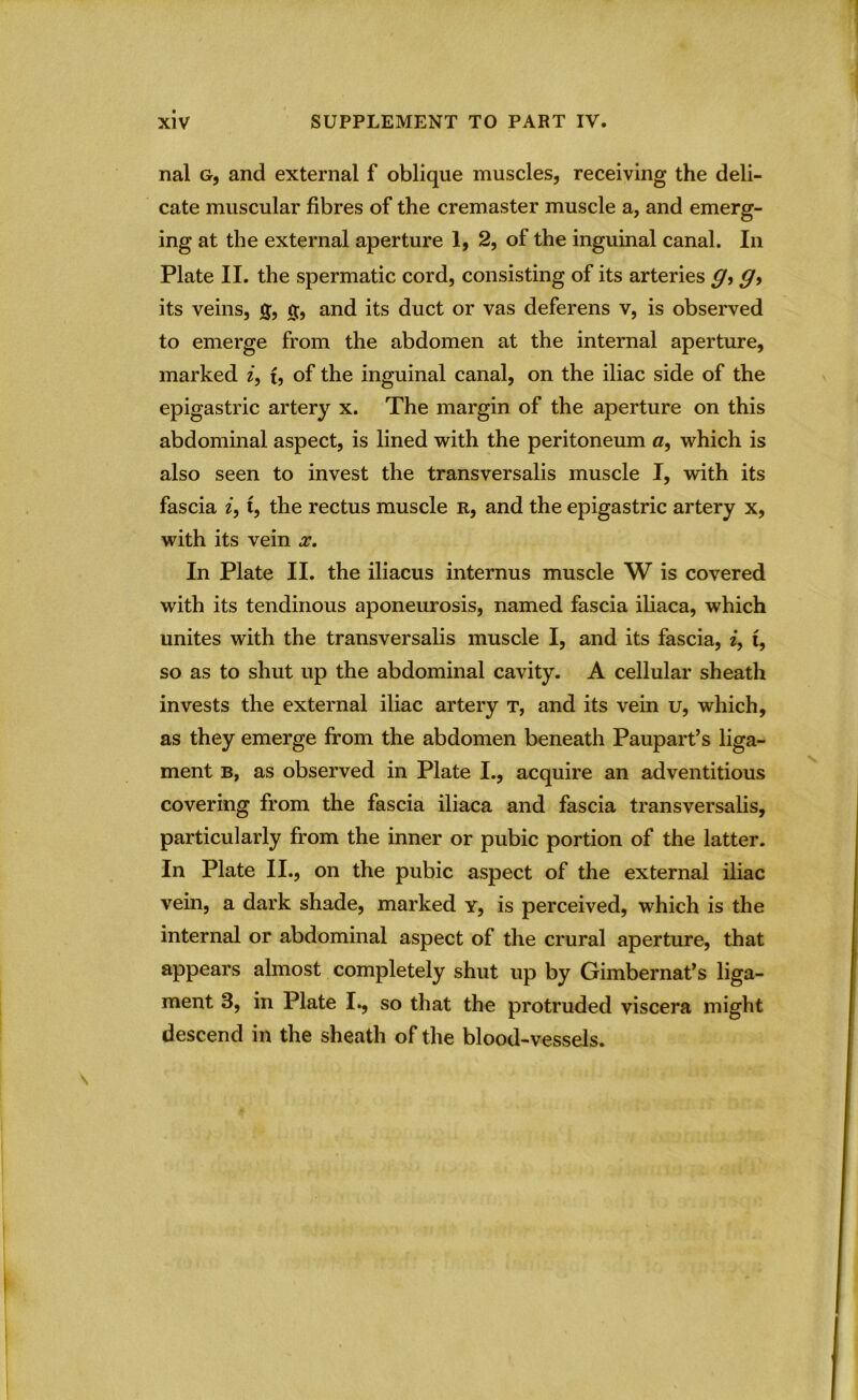 nal g, and external f oblique muscles, receiving the deli- cate muscular fibres of the cremaster muscle a, and emerg- ing at the external aperture 1, 2, of the inguinal canal. In Plate II. the spermatic cord, consisting of its arteries g<> g> its veins, £, #, and its duct or vas deferens v, is observed to emerge from the abdomen at the internal aperture, marked i, t, of the inguinal canal, on the iliac side of the epigastric artery x. The margin of the aperture on this abdominal aspect, is lined with the peritoneum a, which is also seen to invest the transversalis muscle I, with its fascia *, t, the rectus muscle r, and the epigastric artery x, with its vein x. In Plate II. the iliacus internus muscle W is covered with its tendinous aponeurosis, named fascia iliaca, which unites with the transversalis muscle I, and its fascia, i, t, so as to shut up the abdominal cavity. A cellular sheath invests the external iliac artery t, and its vein u, which, as they emerge from the abdomen beneath Paupart’s liga- ment b, as observed in Plate I., acquire an adventitious covering from the fascia iliaca and fascia transversalis, particularly from the inner or pubic portion of the latter. In Plate II., on the pubic aspect of the external iliac vein, a dark shade, marked y, is perceived, which is the internal or abdominal aspect of the crural aperture, that appears almost completely shut up by Gimbernat’s liga- ment 8, in Plate I., so that the protruded viscera might descend in the sheath of the blood-vessels.