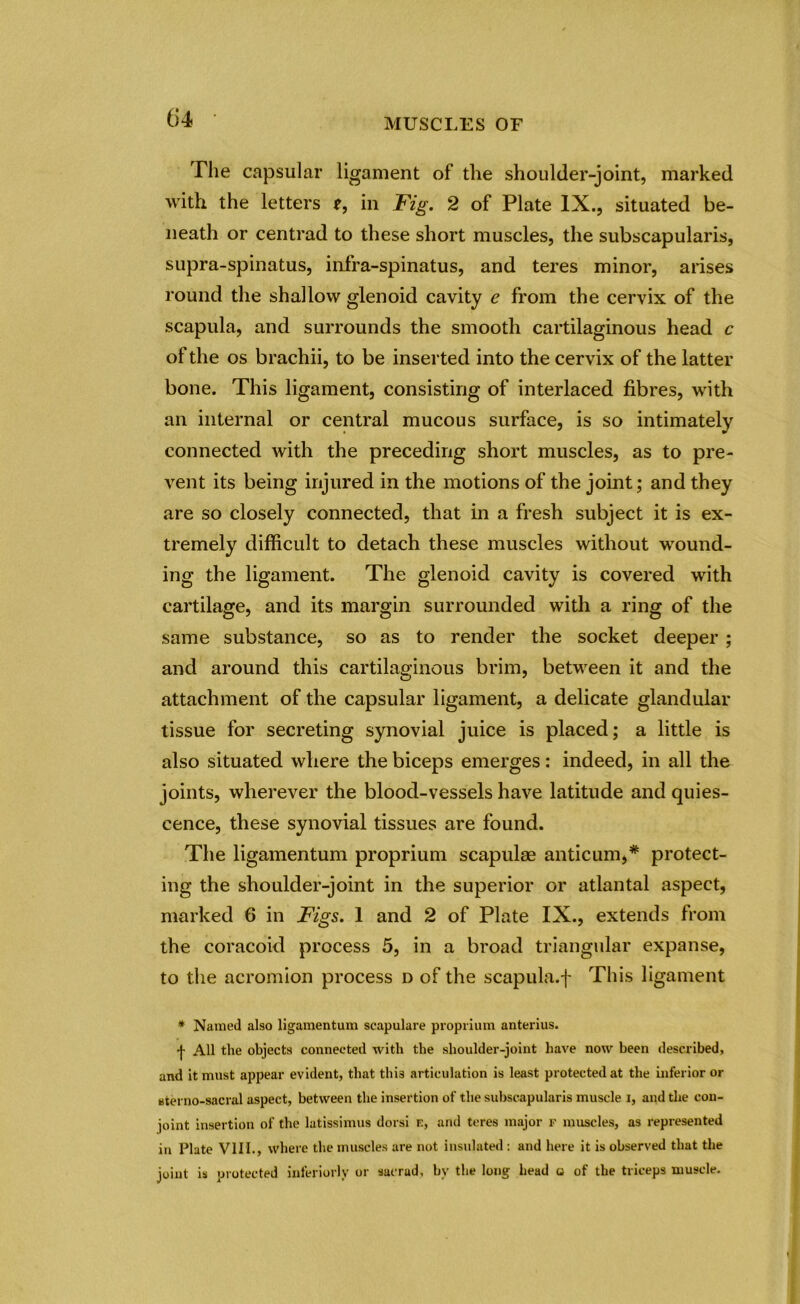 The capsular ligament of the shoulder-joint, marked with the letters e, in Fig. 2 of Plate IX., situated be- neath or centrad to these short muscles, the subscapularis, supra-spinatus, infra-spinatus, and teres minor, arises round the shallow glenoid cavity e from the cervix of the scapula, and surrounds the smooth cartilaginous head c of the os brachii, to be inserted into the cervix of the latter bone. This ligament, consisting of interlaced fibres, with an internal or central mucous surface, is so intimately connected with the preceding short muscles, as to pre- vent its being injured in the motions of the joint; and they are so closely connected, that in a fresh subject it is ex- tremely difficult to detach these muscles without wound- ing the ligament. The glenoid cavity is covered with cartilage, and its margin surrounded with a ring of the same substance, so as to render the socket deeper ; and around this cartilaginous brim, between it and the attachment of the capsular ligament, a delicate glandular tissue for secreting synovial juice is placed; a little is also situated where the biceps emerges: indeed, in all the joints, wherever the blood-vessels have latitude and quies- cence, these synovial tissues are found. The ligamentum proprium scapulae anticum,* protect- ing the shoulder-joint in the superior or atlantal aspect, marked 6 in Figs. 1 and 2 of Plate IX., extends from the coracoid process 5, in a broad triangular expanse, to the acromion process d of the scapula.f This ligament * Named also ligamentum scapulare proprium anterius. •j- All the objects connected with the shoulder-joint have now been described, and it must appear evident, that this articulation is least protected at the inferior or uterno-sacral aspect, between the insertion of the subscapularis muscle i, and the con- joint insertion of the latissimus dorsi e, and teres major f muscles, as represented in Plate VIM., where the muscles are not insulated : and here it is observed that the joint is protected interiorly or sacrad, by the long head a of the triceps muscle.