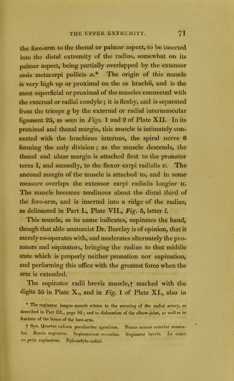 the fore-arm to the thenal or palmar aspect, to be inserted into the distal extremity of the radius, somewhat on its palmar aspect, being partially overlapped by the extensor ossis metacarpi pollicis a* The origin of this muscle is very high up or proximal on the os brachii, and is the most superficial or proximal of the muscles connected with the external or radial condyle ; it is fleshy, and is separated from the triceps g by the external or radial intermuscular ligament 25, as seen in Figs. 1 and 2 of Plate XII. In its proximal and thenal margin, this muscle is intimately con- nected with the brachieus internus, the spiral nerve 6 forming the only division ; as the muscle descends, the thenal and ulnar margin is attached first to the pronator teres I, and secondly, to the flexor carpi radialis p. The anconal margin of the muscle is attached to, and in some measure overlaps the extensor carpi radialis longior h. The muscle becomes tendinous about the distal third of the fore-arm, and is inserted into a ridge of the radius, as delineated in Part I., Plate VII., Fig. 5, letter l. This muscle, as its name indicates, supinates the hand, though that able anatomist Dr. Barclay is of opinion, that it merely co-operates with, and moderates alternately the pro- nators and supinators, bringing the radius to that middle state which is properly neither pronation nor supination, and performing this office with the greatest force when the arm is extended. The supinator radii brevis muscle,f marked with the digits 55 in Plate X., and in Fig. 1 of Plate XI., also in * The supinator longus muscle relates to the securing of the radial artery, as described in Part III., page 92 ; and to dislocation of the elbow-joint, as well as to fracture of the bones of the fore-arm. t Syn. Quartus radium peculiariter agentimn. Nonus maims exterior muscu- lus. Brevis supinator. Supinatorum secundus. Supinator brevis. Lc court ou petit supinateur. Epicondylo-radial.