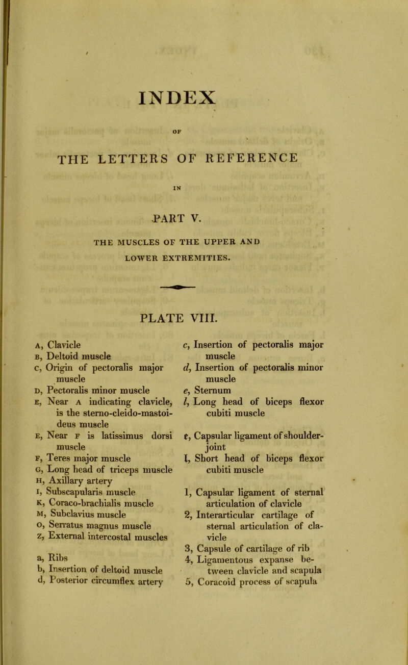 OF THE LETTERS OF REFERENCE IN -PART V. THE MUSCLES OF THE UPPER AND LOWER EXTREMITIES. PLATE VIII. a, Clavicle b, Deltoid muscle c, Origin of pectoralis major muscle d, Pectoralis minor muscle e, Near a indicating clavicle, is the stemo-cleido-mastoi- deus muscle e, Near f is latissimus dorsi muscle f, Teres major muscle g, Long head of triceps muscle h, Axillary artery I? Subscapularis muscle k, Coraco-brachialis muscle m, Subclavius muscle o, Serratus magnus muscle z, External intercostal muscles a, Ribs b, Insertion of deltoid muscle c, Insertion of pectoralis major muscle d, Insertion of pectoralis minor muscle e, Sternum l, Long head of biceps flexor cubiti muscle e, Capsular ligament of shoulder- joint l, Short head of biceps flexor cubiti muscle 1, Capsular ligament of sternal articulation of clavicle 2, Interarticular cartilage of sternal articulation of cla- vicle 3, Capsule of cartilage of rib 4, Ligamentous expanse be- tween clavicle and scapula