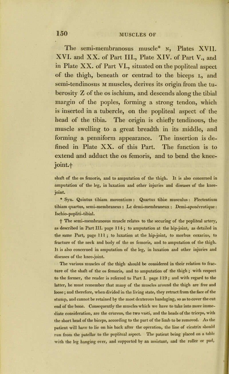 The semi-membranosus muscle* n, Plates XVIL XVI. and XX. of Part III., Plate XIV. of Part V., and in Plate XX. of Part VI., situated on the popliteal aspect of the thigh, beneath or centrad to the biceps l, and semi-tendinosus m muscles, derives its origin from the tu- berosity Z of the os ischium, and descends along the tibial margin of the poples, forming a strong tendon, which is inserted in a tubercle, on the popliteal aspect of the head of the tibia. The origin is chiefly tendinous, the muscle swelling to a great breadth in its middle, and forming a penniform appearance. The insertion is de- fined in Plate XX. of this Part. The function is to extend and adduct the os femoris, and to bend the knee- joint.! shaft of the os femoris, and to amputation of the thigh. It is also concerned in amputation of the leg, in luxation and other injuries and diseases of the knee- joint. * Syn. Quintus tibiam moventium : Quartus tibiae musculus: Flectentium fcibiam quartus, semi-membraneus : Le demi-membraneux : Demi-aponevrotique : Ischio-popliti-tibial. f The semi-membranosus muscle relates to the securing of the popliteal artery, as described in Part III. page 114 ; to amputation at the hip-joint, as detailed in the same Part, page 111; to luxation at the hip-joint, to morbus coxarius, to fracture of the neck and body of the os femoris, and to amputation of the thigh. It is also concerned in amputation of the leg, in luxation and other injuries and diseases of the knee-joint. The various muscles of the thigh should be considered in their relation to frac- ture of the shaft of the os femoris, and to amputation of the thigh; with respect to the former, the reader is referred to Part I. page 119; and with regard to the latter, he must remember that many of the muscles around the thigh are free and loose; and therefore, when divided in the living state, they retract from the face of the stump, and cannot be retained by the most dexterous bandaging, so as to cover the cut end of the bone. Consequently the muscles which we have to take into more imme- diate consideration, are the crureus, the two vasti, and the heads of the triceps, with the short head of the biceps, according to the part of the limb to be removed. As the patient will have to lie on his back after the operation, the line of cicatrix should run from the patellar to the popliteal aspect. Hie patient being placed on a table Avith the leg hanging over, and supported by an assistant, and the roller or pad,