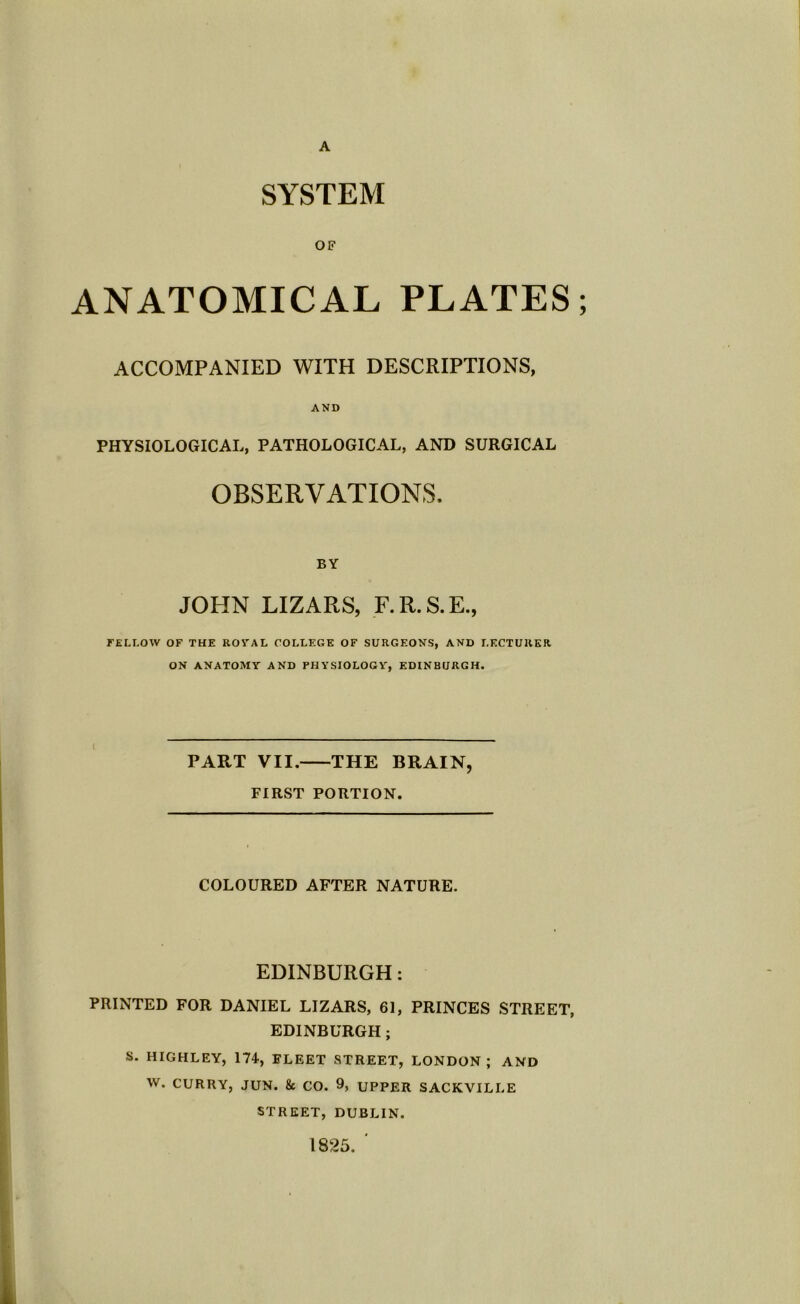 A SYSTEM OF ANATOMICAL PLATES; ACCOMPANIED WITH DESCRIPTIONS, AND PHYSIOLOGICAL, PATHOLOGICAL, AND SURGICAL OBSERVATIONS. BY JOHN LIZARS, F.R.S.E., FELLOW OF THE ROTAL COLLEGE OF SURGEONS, AND LECTURER ON ANATOMY AND PHYSIOLOGY, EDINBURGH. PART VII. THE BRAIN, FIRST PORTION. COLOURED AFTER NATURE. EDINBURGH: PRINTED FOR DANIEL LIZARS, 61, PRINCES STREET, EDINBURGH; S. HIGHLEY, 174, FLEET STREET, LONDON; AND W. CURRY, JUN. 8c CO. 9, UPPER SACKVILLE STREET, DUBLIN. 1825.