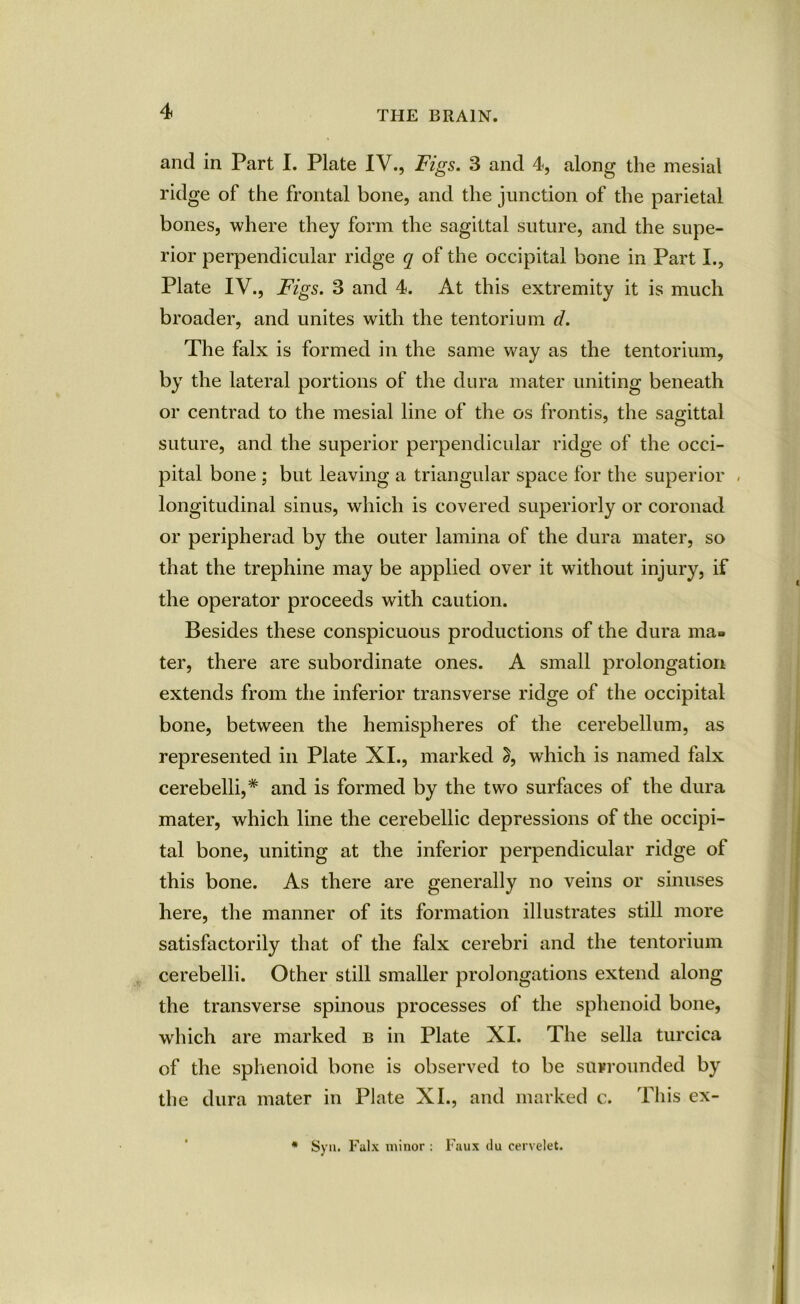 and in Part I. Plate IV., Figs. 3 and 4, along the mesial ridge of the frontal bone, and the junction of the parietal bones, where they form the sagittal suture, and the supe- rior perpendicular ridge q of the occipital bone in Part I., Plate IV., Figs. 3 and 4. At this extremity it is much broader, and unites with the tentorium d. The falx is formed in the same way as the tentorium, by the lateral portions of the dura mater uniting beneath or centrad to the mesial line of the os frontis, the sagittal suture, and the superior perpendicular ridge of the occi- pital bone ; but leaving a triangular space for the superior - longitudinal sinus, which is covered superiorly or coronad or peripherad by the outer lamina of the dura mater, so that the trephine may be applied over it without injury, if the operator proceeds with caution. Besides these conspicuous productions of the dura ma- ter, there are subordinate ones. A small prolongation extends from the inferior transverse ridge of the occipital bone, between the hemispheres of the cerebellum, as represented in Plate XI., marked 2, which is named falx cerebelli,* and is formed by the two surfaces of the dura mater, which line the cerebellic depressions of the occipi- tal bone, uniting at the inferior perpendicular ridge of this bone. As there are generally no veins or sinuses here, the manner of its formation illustrates still more satisfactorily that of the falx cerebri and the tentorium cerebelli. Other still smaller prolongations extend along the transverse spinous processes of the sphenoid bone, wrhich are marked b in Plate XI. The sella turcica of the sphenoid bone is observed to be surrounded by the dura mater in Plate XI., and marked c. This ex- * Syu. Falx minor : Faux du cervelet.