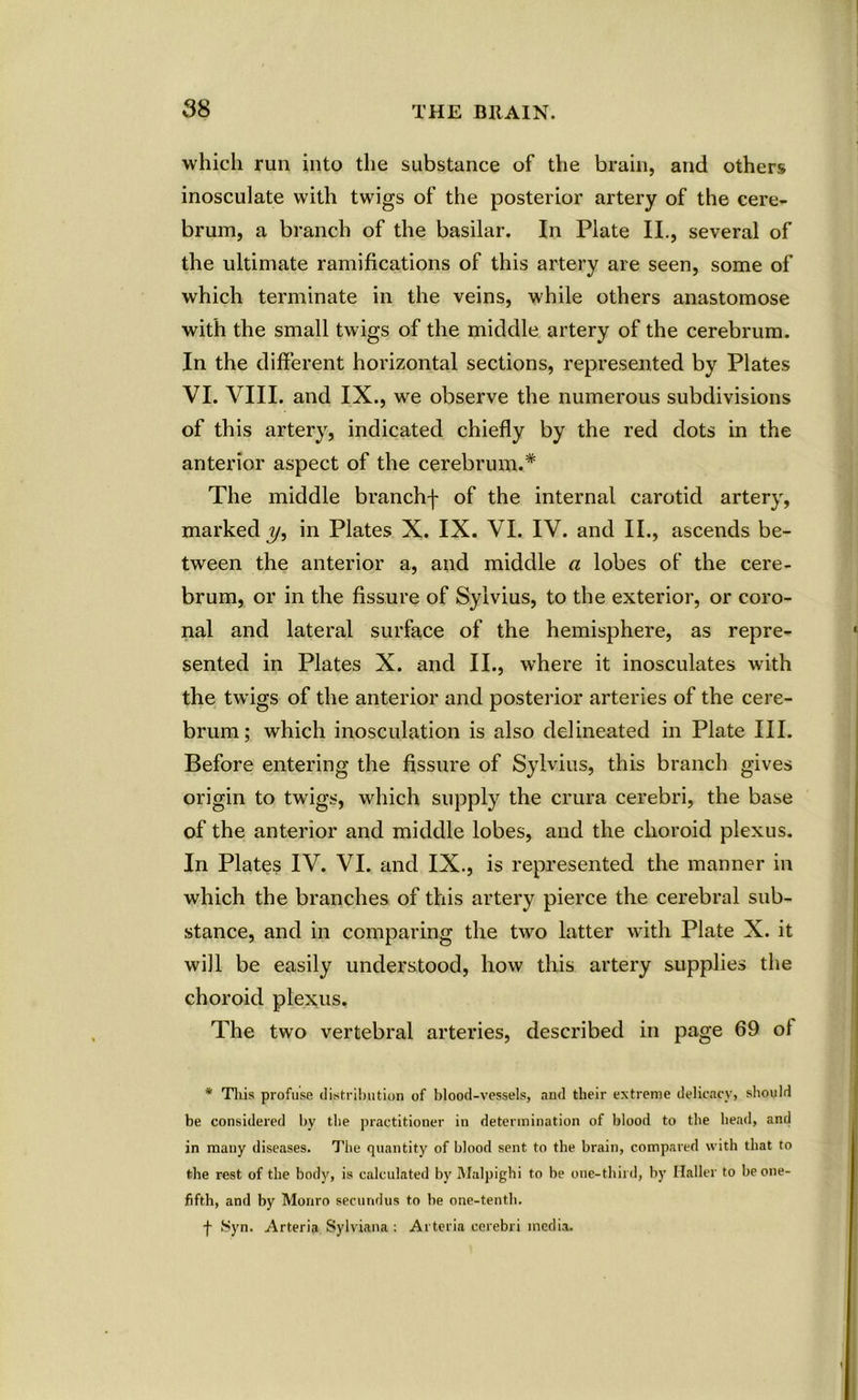 which run into the substance of the brain, and others inosculate with twigs of the posterior artery of the cere- brum, a branch of the basilar. In Plate II., several of the ultimate ramifications of this artery are seen, some of which terminate in the veins, while others anastomose with the small twigs of the middle artery of the cerebrum. In the different horizontal sections, represented by Plates VI. VIII. and IX., we observe the numerous subdivisions of this artery, indicated chiefly by the red dots in the anterior aspect of the cerebrum.* The middle branchf of the internal carotid artery, marked?/, in Plates X. IX. VI. IV. and II., ascends be- tween the anterior a, and middle a lobes of the cere- brum, or in the fissure of Sylvius, to the exterior, or coro- nal and lateral surface of the hemisphere, as repre- sented in Plates X. and II., where it inosculates with the twigs of the anterior and posterior arteries of the cere- brum ; which inosculation is also delineated in Plate III. Before entering the fissure of Sylvius, this branch gives origin to twigs, which supply the crura cerebri, the base of the anterior and middle lobes, and the choroid plexus. In Plates IV. VI. and IX., is represented the manner in which the branches of this artery pierce the cerebral sub- stance, and in comparing the two latter with Plate X. it will be easily understood, how this artery supplies the choroid plexus. The two vertebral arteries, described in page 69 of * This profuse distribution of blood-vessels, and their extreme delicacy, should be considered by the practitioner in determination of blood to the head, and in many diseases. The quantity of blood sent to the brain, compared with that to the rest of the body, is calculated by Malpighi to be one-third, by Haller to be one- fifth, and by Monro secundus to be one-tenth. f Syn. Arteria Sylviana : Arteria cerebri media.