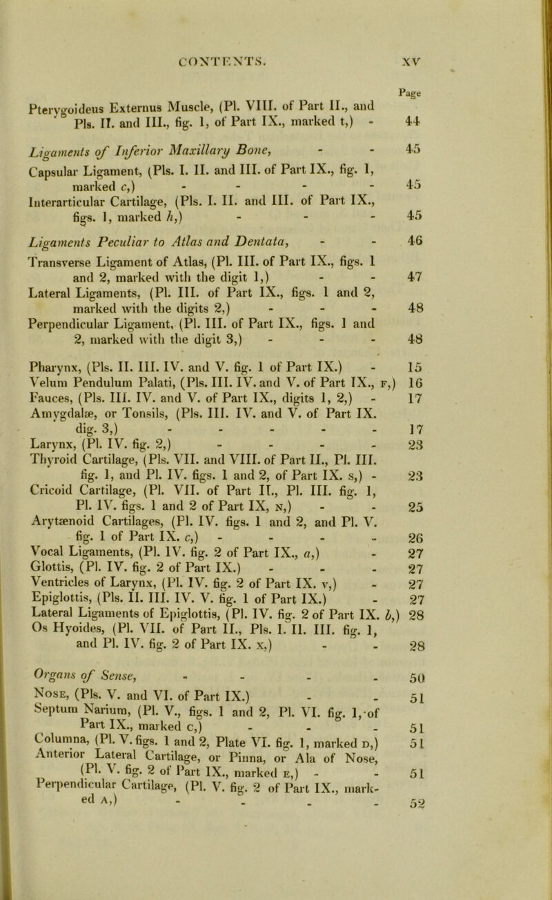 Page Ptervgoideus E\t6i*nus INIuscle, (PI. VIII. ot 1 ait II.) and ' ° Pis. II. and III., fig. 1, of Part IX., marked t,) - 44 Ligaments of Inferior Maxillary Bone, - - 45 Capsular Ligament, (Pis. I. II. and III. of Part IX., fig. 1, marked c,) - - - - 45 Interarticular Cartilage, (Pis. I. II. and III. of Part IX., figs. 1, marked h,) - - - 45 Ligaments Peculiar to Atlas and Dentata, - 46 Transverse Ligament of Atlas, (PI. III. of Part IX., figs. I and 2, marked with the digit 1,) - - 47 Lateral Ligaments, (PI. III. of Part IX., figs. 1 and 2, marked with the digits 2,) - - 48 Perpendicular Ligament, (PI. III. of Part IX., figs. 1 and 2, marked with the digit 3,) - - 48 Pharynx, (Pis. II. III. IV. and V. fig. 1 of Part IX.) - 15 Velum Pendulum Palati, (Pis. III. IV. and V. of Part IX., f,) 16 Fauces, (Pis. III. IV. and V. of Part IX., digits 1,2,) - 17 Amvgdalee, or Tonsils, (Pis. III. IV. and V. of Part IX. dig. 3,) - - - - 17 Larynx, (PI. IV. fig. 2,) - - - 23 Thyroid Cartilage, (Pis. VII. and VIII. of Part II., PI. III. fig. 1, and PI. IV. figs. 1 and 2, of Part IX. s,) - 23 Cricoid Cartilage, (PI. VII. of Part II., PI. III. fig. 1, PI. IV. figs. 1 and 2 of Part IX, n,) - - 25 Arytenoid Cartilages, (PI. IV. figs. 1 and 2, and PI. V. fig. 1 of Part IX. c,) - - “26 Vocal Ligaments, (PI. IV. fig. 2 of Part IX., a,) - 27 Glottis, (PI. IV. fig. 2 of Part IX.) - - - 27 Ventricles of Larynx, (PI. IV. fig. 2 of Part IX. v,) - 27 Epiglottis, (Pis. II. III. IV. V. fig. 1 of Part IX.) - 27 Lateral Ligaments of Epiglottis, (PI. IV. fig. 2 of Part IX. b,) 28 Os Hyoides, (PI. VII. of Part II., Pis. I. II. III. fig. I, and PI. IV. fig. 2 of Part IX. x,) - . 28 Organs of Sense, - - - - 50 Nose, (Pis. V. and VI. of Part IX.) - - 51 Septum Nariutn, (PI. V., figs. 1 and 2, PI. VI. fig. 1,-of Part IX., marked c,) - - - 51 Columna, (PI. V. figs. 1 and 2, Plate VI. fig. 1, marked d,) 51 Anterior Lateral Cartilage, or Pinna, or Ala of Nose, (PI. V. fig. 2 ot Part IX., marked e,) ■> - 51 1 eipendicular Cartilage, (PI. V. fig, 2 of Part IX., mark- ed a,) - . . 52