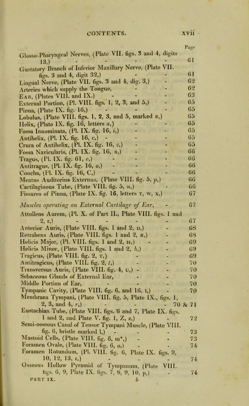 Page Glosso-Pharyngeal Nerves, (Plate VII. figs. 3 and 4, digits 13,) - G1 Gustatory Branch of Inferior Maxillary Nerve, (Plate VII. figs. 3 and 4, digit 32,) - - 61 Lingual Nerve, (Plate VII. figs. 3 and 4, dig. 3,) - 62 Arteries which supply the Tongue, - - 6:2 Ear, (Plates VIII. and IX.) - - - 63 External Portion, (PI. VIII. figs. 1, 2, 3, and 5,) - 65 Pinna, (Plate IX. fig. 16,) - - - 65 Lobulus, (Plate VIII. figs. 1, 2, 3, and 5, marked b,) 65 Helix, (Plate IX. fig. 16, letters a,) - - 65 Fossa Innominata, (PI. IX. fig. 16, it) - - 65 Antihelix, (PI. IX. fig. 16, c,) - - - 65 Crura of Antihelix, (PI. IX. fig. 16, c,) - - 65 Fossa Navicularis, (PI. IX. fig. 16, ?*,) - •• 66 Tragus, (PI. IX. fig. 61, e,) - 66 Antitragus, (PI. IX. fig. 16, o,) - - 66 Concha, (PI. IX. fig. 16, C,) - - 66 Meatus Auditorius Externus, (Plate VIII. fig. 5, p,) 66 Cartilaginous Tube, (Plate VIII. fig. 5, n,) - 66 Fissures of Pinna, (Plate IX. fig. 16, letters t, w, x,) 67 Muscles operating on External Cartilage of Ear, - 67 Attollens Aurem, (PI. X. of Part II., Plate VIII. figs. 1 and 2, r,) .... - 67 Anterior Auris, (Plate VIII. figs. 1 and 2, d,) - 68 Retrahens Auris, (Plate VIII. figs. I and 2, r,) - 68 Helieis Major, (PI. VIII. figs. 1 and 2, h,) - - 69 Helicis Minor, (Plate VIII. figs. 1 and 2, h,) - 69 Tragicus, (Plate VIII. fig. 2, t,) - - 69 Antitragicus, (Plate VIII. fig. 2, t,) - - 70 Transversus Auris, (Plate VIII. fig. 4, u,) - - 70 Sebaceous Glands of External Ear, - - 70 Middle Portion of Ear, - 70 Tympanic Cavity, (Plate VIII. fig. 6, and 16, t,) - 70 Membrana Tympani, (Plate VIII. fig, 5, Plate IX., figs. 1, 2, 3, and 4, r,) - - - 70 8c 71 Eustachian Tube, (Plate VIII. figs. '6 and 7, Plate IX. figs. 1 and 2, and Plate V. fig. 1, Z, z,) - 72 Semi-osseous Canal of Tensor Tympani Muscle, (Plate VIII. fig. 6, bristle marked 1,) - - '73 Mastoid Cells, (Plate VIII. fig. 6, m*,) - - 73 Foramen Ovale, (Plate VIII. fig. 6, o,) - - 74 Foramen Kotundum, (PI. VIII. fig. 6, Plate IX. figs. 9, 10, 12, 13, r,) - “ - - 74 Osseous. Hollow Pyramid of Tympanum, (Plate VIII. tigs. 6, 9, Plate IX. tigs. 7, 8, 9, 10, p,) PART IX. b 74