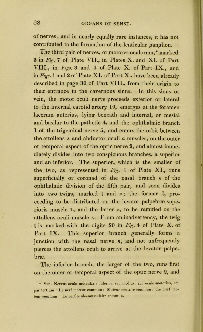 of nerves; and in nearly equally rare instances, it has not contributed to the formation of the lenticular ganglion. The third pair of nerves, or motores oculorum,* marked 3 in Fig. 7 of Plate VII., in Plates X. and XI. of Part VIII., in Figs. 3 and 4 of Plate X. of Part IX., and in Figs. 1 and 2 of Plate XI. of Part X., have been already described in page 30 of Part VIII., from their origin to their entrance in the cavernous sinus. In this sinus or vein, the motor oculi nerve proceeds exterior or lateral to the internal carotid artery 19, emerges at the foramen lacerum anterius, lying beneath and internal, or mesial and basilar to the pathetic 4, and the ophthalmic branch 1 of the trigeminal nerve 5, and enters the orbit between the attollens a and abductor oculi a muscles, on the outer or temporal aspect of the optic nerve 2, and almost imme- diately divides into two conspicuous branches, a superior and an inferior. The superior, which is the smaller of the two, as represented in Fig. 1 of Plate XI., runs superficially or coronad of the nasal branch n of the ophthalmic division of the fifth pair, and soon divides into two twigs, marked l and z; the former I, pro- ceeding to be distributed on the levator palpebrae supe- rioris muscle l, and the latter z, to be ramified on the attollens oculi muscle a. From an inadvertency, the twig I is marked with the digits 20 in Fig. 4 of Plate X. of Part IX. This superior branch generally forms a junction with the nasal nerve ra, and not unfrequently pierces the attollens oculi to arrive at the levator palpe- brae. The inferior branch, the larger of the two, runs first on the outer or temporal aspect of the optic nerve 2, and * Syn. Nervus oculo-muscularis inferior, seu medius, seu oculo-raotorius, sen par tertiura : Le nerf inoteur commun : Moteur oculaire common : Le nerf mo- tcur commun : Lc nerf oeulo-musculaire commun.