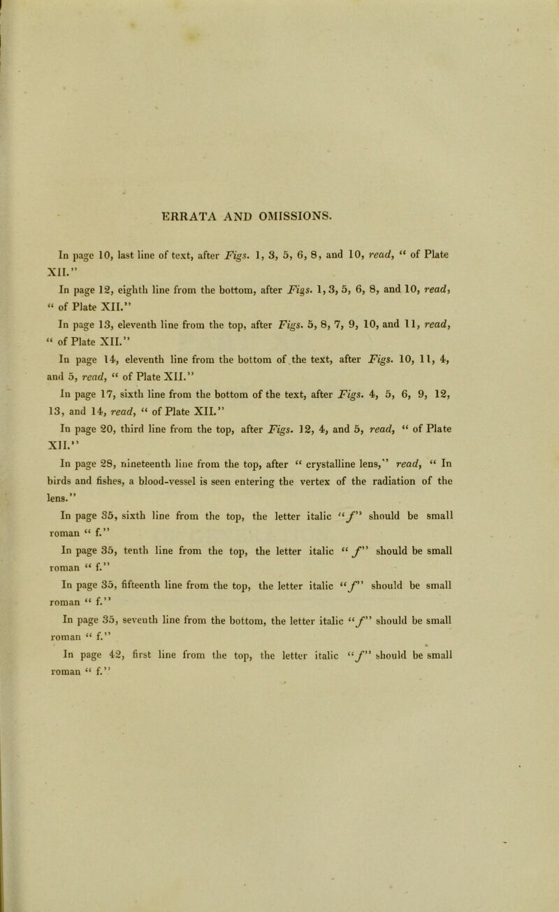 ERRATA AND OMISSIONS. In page 10, last line of text, after Figs. 1, 3, 5, 6, 8, and 10, read, “ of Plate XII.” In page 12, eighth line from the bottom, after Figs. 1,3, 5, 6, 8, and 10, read, “ of Plate XII.” In page 13, eleventh line from the top, after Figs. 5, 8, 7, 9, 10, and 11, read, “ of Plate XII.” In page 14, eleventh line from the bottom of the text, after Figs. 10, 11, 4, and 5, read, “ of Plate XII.” In page 17, sixth line from the bottom of the text, after Figs. 4, 5, 6, 9, 12, 13, and 14, read, “ of Plate XII.” In page 20, third line from the top, after Figs. 12, 4, and 5, read, “ of Plate XII.” In page 28, nineteenth line from the top, after “ crystalline lens,” read, “ In birds and fishes, a blood-vessel is seen entering the vertex of the radiation of the lens.” In page 35, sixth line from the top, the letter italic “f” should be small roman “ f.” In page 35, tenth line from the top, the letter italic “ f” should be small roman “ f.” In page 35, fifteenth line from the top, the letter italic “y” should be small roman “ f.” In page 35, seventh line from the bottom, the letter italic f should be small roman “ f.” • m In page 42, first line from the top, the letter italic “y” should be small roman “ f.”