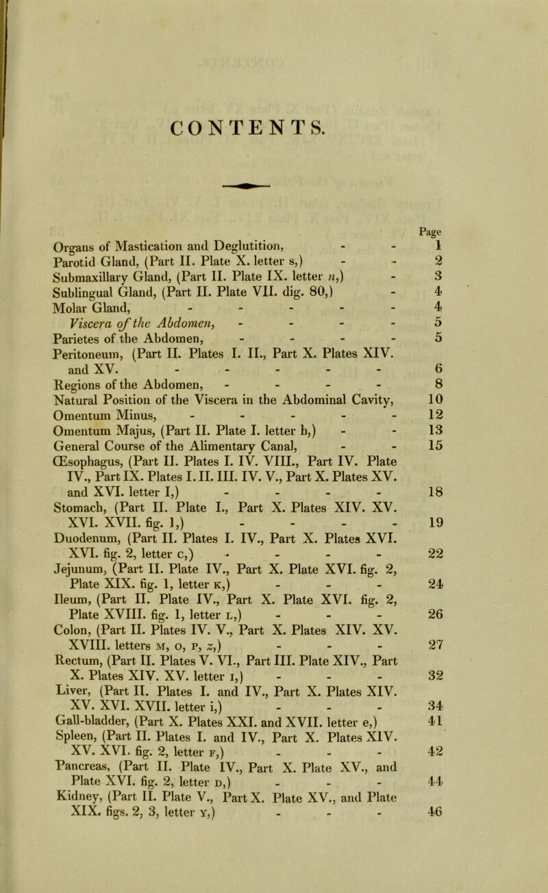 CONTENTS. Page Organs of Mastication and Deglutition, 1 Parotid Gland, (Part II. Plate X. letter s,) - - 2 Submaxillary Gland, (Part II. Plate IX. letter n,) - 3 Sublingual Gland, (Part II. Plate VII. dig. 80,) - 4 Molar Gland, - - - - - 4 Viscera of the Abdomen, 5 Parietes of the Abdomen, - - - - 5 Peritoneum, (Part II. Plates I. II., Part X. Plates XIV. and XV. ----- 6 Regions of the Abdomen, - 8 Natural Position of the Viscera in the Abdominal Cavity, 10 Omentum Minus, - - - - 12 Omentum Majus, (Part II. Plate I. letter b,) - - 13 General Course of the Alimentary Canal, - - 15 (Esophagus, (Part II. Plates I. IV. VIII., Part IV. Plate IV., Part IX. Plates I. II. III. IV. V., Part X. Plates XV. and XVI. letter I,) - - - - 18 Stomach, (Part II. Plate I., Part X. Plates XIV. XV. XVI. XVII. fig. ],) . ... 19 Duodenum, (Part II. Plates I. IV., Part X. Plates XVI. XVI. fig. 2, letter c,) ----- - 22 Jejunum, (Part II. Plate IV., Part X. Plate XVI. fig. 2, Plate XIX. fig. 1, letter k,) 24> Ileum, (Part II. Plate IV., Part X. Plate XVI. fig. 2, Plate XVIII. fig. 1, letter l,) - - 26 Colon, (Part II. Plates IV. V., Part X. Plates XIV. XV. XVIII. letters m, o, p, z,) - - - 27 Rectum, (Part II. Plates V. VI., Part III. Plate XIV., Part X. Plates XIV. XV. letter i,) - - - 32 Liver, (Part II. Plates I. and IV., Part X. Plates XIV. XV. XVI. XVII. letter i,) - 34 Gall-bladder, (Part X. Plates XXI. and XVII. letter e,) 41 Spleen, (Part II. Plates I. and IV,, Part X. Plates XIV. XV. XVI. fig. 2, letter f,) - 42 Pancreas, (Part II. Plate IV., Part X. Plate XV., and Plate XVI. fig. 2, letter d,) - - - 44 Kidney, (Part II. Plate V., PartX. Plate XV., and Plate