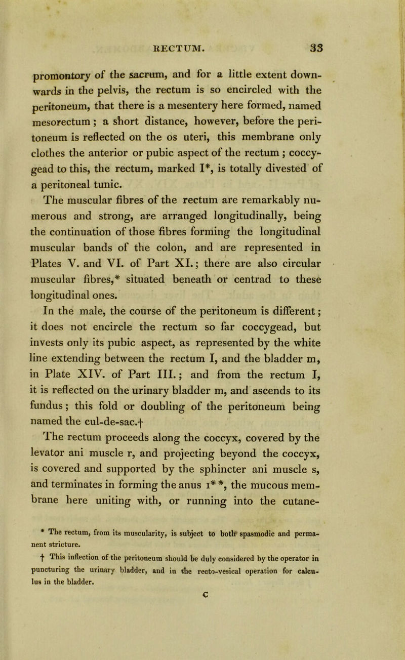 promontory of the sacrum, and for a little extent down- wards in the pelvis, the rectum is so encircled with the peritoneum, that there is a mesentery here formed, named mesorectum ; a short distance, however, before the peri- toneum is reflected on the os uteri, this membrane only clothes the anterior or pubic aspect of the rectum ; coccy- gead to this, the rectum, marked I*, is totally divested of a peritoneal tunic. The muscular fibres of the rectum are remarkably nu- merous and strong, are arranged longitudinally, being the continuation of those fibres forming the longitudinal muscular bands of the colon, and are represented in \ Plates V. and VI. of Part XI.; there are also circular muscular fibres,* situated beneath or centrad to these longitudinal ones. In the male, the course of the peritoneum is different; it does not encircle the rectum so far coccygead, but invests only its pubic aspect, as represented by the white line extending between the rectum I, and the bladder m, in Plate XIV. of Part III.; and from the rectum I, it is reflected on the urinary bladder m, and ascends to its fundus; this fold or doubling of the peritoneum being named the cul-de-sac.f The rectum proceeds along the coccyx, covered by the levator ani muscle r, and projecting beyond the coccyx, is covered and supported by the sphincter ani muscle s, and terminates in forming the anus 1* *, the mucous mem- brane here uniting with, or running into the cutane- * The rectum, from its muscularity, is subject to both spasmodic and perma- nent stricture. t This inflection of the peritoneum should be duly considered by the operator in puncturing the urinary bladder, and in the recto-vesical operation for calcu- lus in the bladder. C