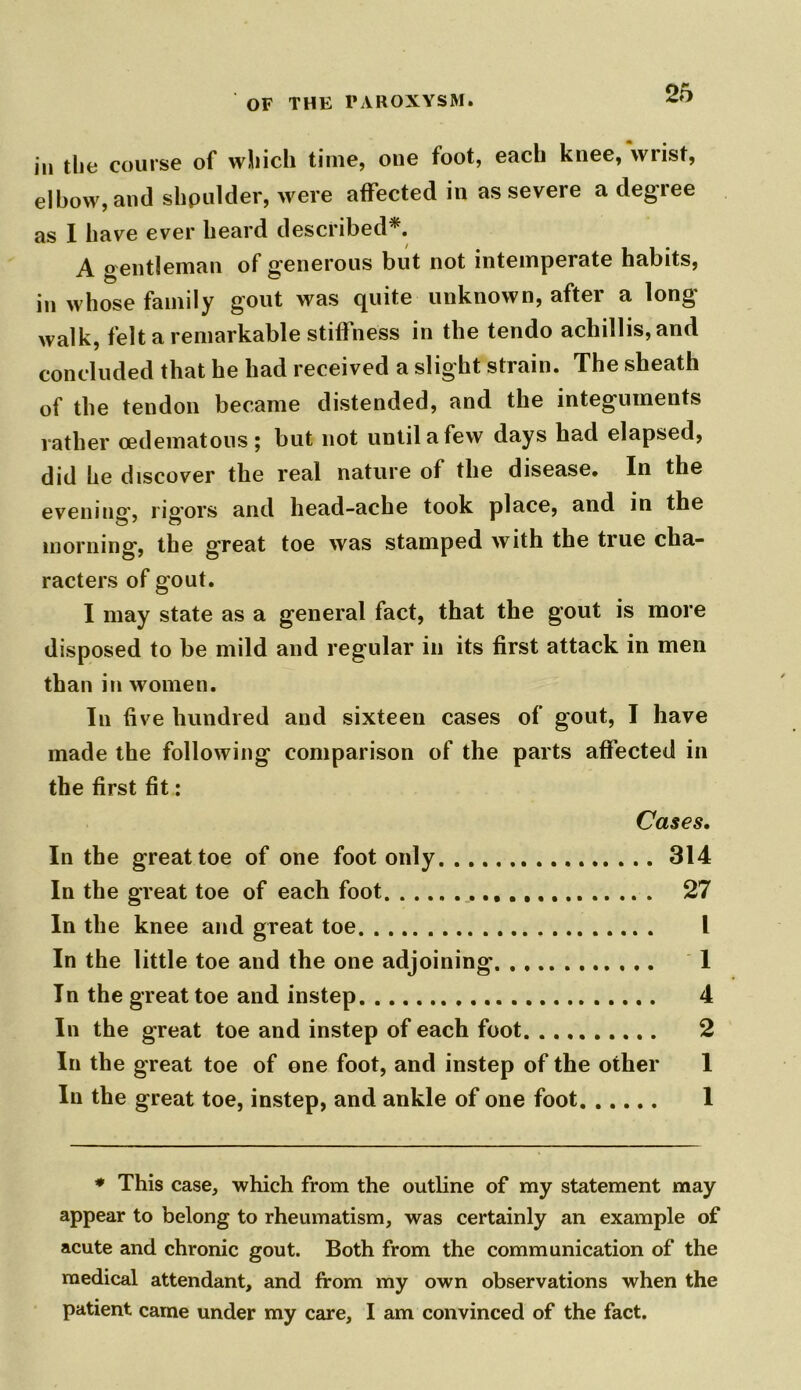 in the course of which time, one foot, each knee, wrist, elbow, and shpulder, were affected in as severe a degree as I have ever heard described*. A gentleman of generous but not intemperate habits, in whose family gout was quite unknown, after a long walk, felt a remarkable stiffness in the tendo achillis,and concluded that he had received a slight strain. The sheath of the tendon became distended, and the integuments rather cedematous; but not until a few days had elapsed, did he discover the real nature of the disease. In the evening, rigors and head-ache took place, and in the morning, the great toe was stamped with the true cha- racters of gout. I may state as a general fact, that the gout is more disposed to be mild and regular in its first attack in men than in women. In five hundred and sixteen cases of gout, I have made the following comparison of the parts affected in the first fit: Cases. In the great toe of one foot only 314 In the great toe of each foot 27 In the knee and great toe I In the little toe and the one adjoining 1 In the great toe and instep 4 In the great toe and instep of each foot 2 In the great toe of one foot, and instep of the other 1 In the great toe, instep, and ankle of one foot 1 * This case, which from the outline of my statement may appear to belong to rheumatism, was certainly an example of acute and chronic gout. Both from the communication of the medical attendant, and from my own observations when the patient came under my care, I am convinced of the fact.