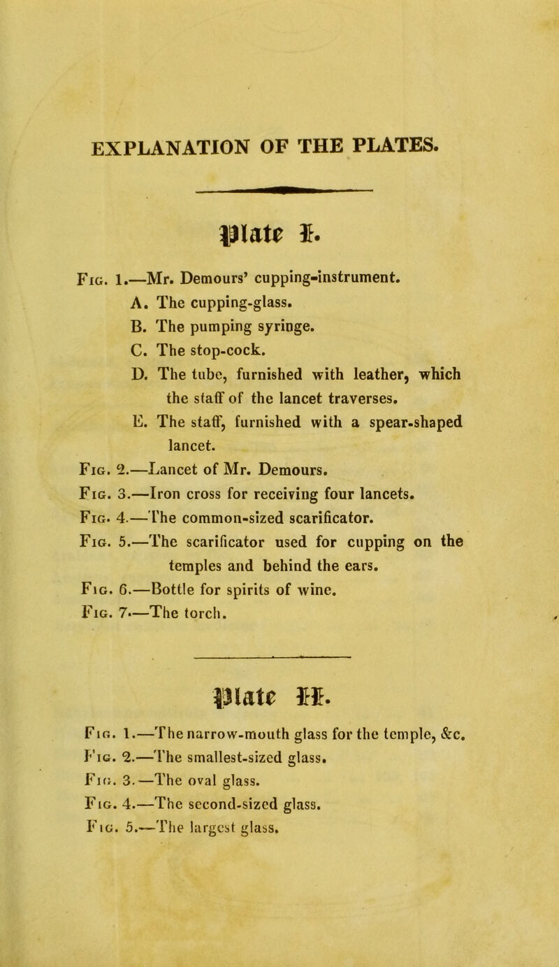 EXPLANATION OF THE PLATES. matt 5. Fig. 1.—Mr. Demours’ cupping-instrument. A. The cupping-glass. B. The pumping syringe. C. The stop-cock. D. The tube, furnished with leather, which the staff of the lancet traverses. E. The staff, furnished with a spear-shaped lancet. Fig. 2.—Lancet of Mr. Demours. Fig. 3.—Iron cross for receiving four lancets. Fig. 4.— I'he common-sized scarificator. Fig. 5.—The scarificator used for cupping on the temples and behind the ears. Fig. 6.—Bottle for spirits of wine. Fig. 7*—The torch. IJlatr 55. Fig. 1.—The narrow-mouth glass for the temple, &c. Fig. 2.—The smallest-sized glass. Fig. 3.—The oval glass. Fig. 4.—The second-sized glass. Fig. 5.—The largest glass.