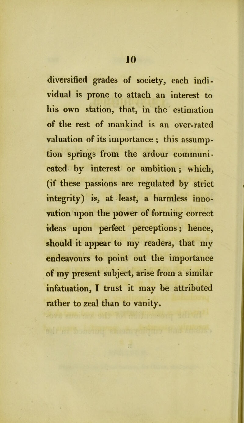 JO diversified grades of society, each indi- vidual is prone to attach an interest to his own station, that, in the estimation of the rest of mankind is an over-rated valuation of its importance ; this assump- tion springs from the ardour communi- cated by interest or ambition; which, (if these passions are regulated by strict integrity) is, at least, a harmless inno- vation upon the power of forming correct ideas upon perfect perceptions; hence, should it appear to my readers, that my endeavours to point out the importance of my present subject, arise from a similar infatuation, I trust it may be attributed rather to zeal than to vanity.