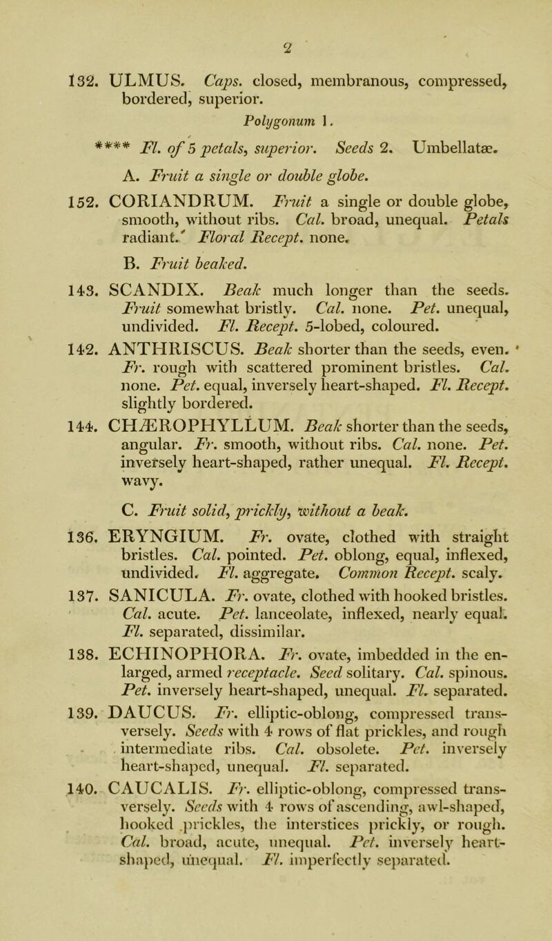 132. ULMUS. Caps, closed, membranous, compressed, bordered, superior. Polygonum 1. **** FI. of 5 petals, superior. Seeds 2. Umbellatae. A. Fruit a single or double globe. 152. CORIANDRUM. Fruit a single or double globe, smooth, without ribs. Cal. broad, unequal. Petals radiant. Floral Recept. none. B. Fruit beaked. 143. SCANDIX. Beak much longer than the seeds. Fruit somewhat bristly. Cal. none. Pet. unequal, undivided. FI. Recept. 5-lobed, coloured. 142. ANTHRISCUS. Beak shorter than the seeds, even. * Fr. rough with scattered prominent bristles. Cal. none. Pet. equal, inversely heart-shaped. FI. Recept. slightly bordered. 144. CHiEROPPIYLLUM. Beak shorter than the seeds, angular. Fr. smooth, without ribs. Cal. none. Pet. inversely heart-shaped, rather unequal. FI. Recept. wavy. C. Fruit solid, prickly, without a beak. 136. ERYNGIUM. Fr. ovate, clothed with straight bristles. Cal. pointed. Pet. oblong, equal, indexed, undivided. FI. aggregate. Common Recept. scaly. 137. SANICULA. Ar. ovate, clothed with hooked bristles. Cal. acute. Pet. lanceolate, indexed, nearly equal. FI. separated, dissimilar. 138. ECHINOPIIORA. Fr. ovate, imbedded in the en- larged, armed receptacle. Seed, solitary. Cal. spinous. Pet. inversely heart-shaped, unequal. FI. separated. 139. CAUCUS. Fr. elliptic-oblong, compressed trans- versely. Seeds with 4 rows of dat prickles, and rough intermediate ribs. Cal. obsolete. Pet. inversely heart-shaped, unequal. FI. separated. 140. CAUCALIS. Fr. elliptic-oblong, compressed trans- versely. Seeds with 4 rows of ascending, awl-shaped, hooked .prickles, the interstices prickly, or rough. Cal. broad, acute, unequal. Pet. inversely heart- shaped, unequal. FI. imperfectly separated.