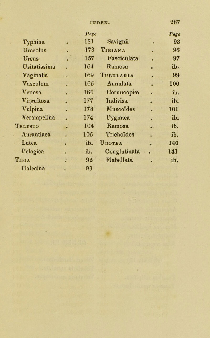 Typhina Urceolus Urens Usitatissima Vaginalis Vasculum Venosa Virgultosa Vulpina Xerampelina Telesto Aurantiaca Lutea Pelagica Halecina INDEX. Page 267 Page 181 Savignii 93 173 Tibiana 96 157 Fasciculata 97 164 Ramosa ib. 169 Tubularia 99 165 Annulata 100 166 Cornucopise ib. 177 Indivisa ib. 178 Muscoides 101 174 Pygmeea ib. 104 Ramosa ib. 105 Trichoides ib. ib. Udotea 140 ib. Conglutinata • 141 93 •