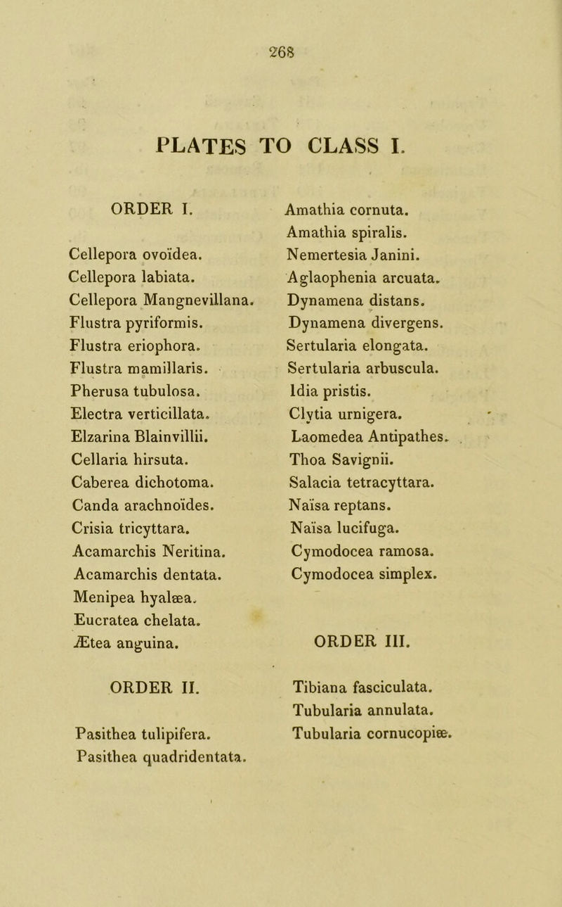 PLATES TO CLASS I. ORDER I. Amathia cornuta. Cellepora ovoidea. Cellepora labiata. Cellepora Mangnevillana. Flustra pyriformis. Flustra eriophora. Flustra mamillaris. « Pherusa tubulosa. Electra verticillata. Elzarina Blainvillii. Cellaria hirsuta. Caberea dichotoma. Canda arachno'ides. Crisia tricyttara, Acamarchis Neritina. Acamarchis dentata. Menipea hyalsea. Eucratea chelata. Amathia spiralis. Nemertesia Janini. Aglaophenia arcuata. Dynamena distans. Dynamena divergens. Sertularia elongata. Sertularia arbuscula. Idia pristis. Clytia urnigera. Laomedea Antipathes. Thoa Savignii. Salacia tetracyttara. Na'isa reptans. Naisa lucifuga. Cymodocea ramosa. Cymodocea simplex. iEtea anguina. ORDER III. ORDER II. Tibiana fasciculata. Pasithea tulipifera. Pasithea quadridentata. Tibiana fasciculata. Tubularia annulata. Tubularia cornucopiee.