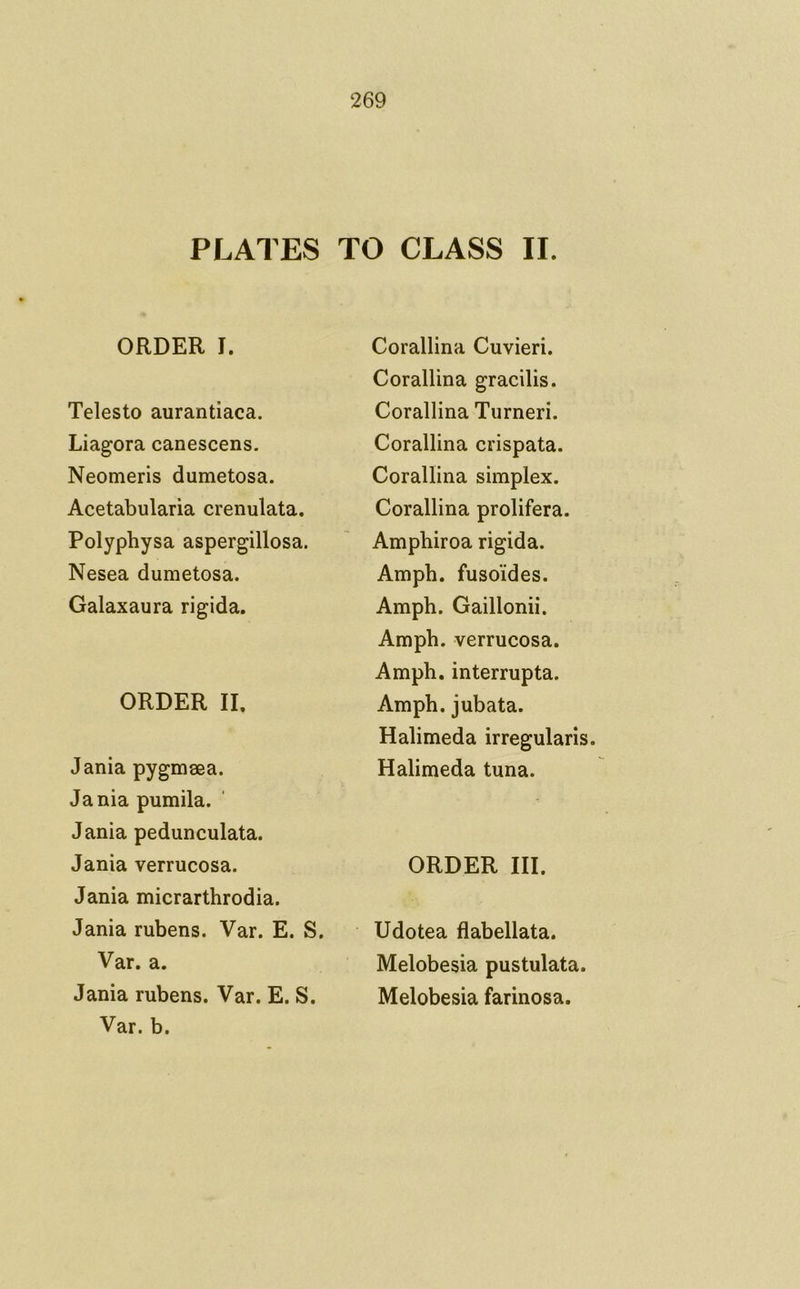 PLATES TO CLASS II. ORDER I. Telesto aurantiaca. Liagora canescens. Neomeris dumetosa. Acetabularia crenulata. Polyphysa aspergillosa. Nesea dumetosa. Galaxaura rigida. ORDER II. Jania pygmeea. Jania pumila. Jania pedunculata. Jania verrucosa. Jania micrarthrodia. Jania rubens. Var. E. S. Var. a. Jania rubens. Var. E. S. Var. b. Corallina Cuvieri. Corallina gracilis. Corallina Turneri. Corallina crispata. Corallina simplex. Corallina prolifera. Ampbiroa rigida. Ampb. fuso'ides. Ampb. Gaillonii. Ampb. verrucosa. Ampb. interrupta. Ampb. jubata. Halimeda irregularis. Halimeda tuna. ORDER III. Udotea flabellata. Melobesia pustulata. Melobesia farinosa.