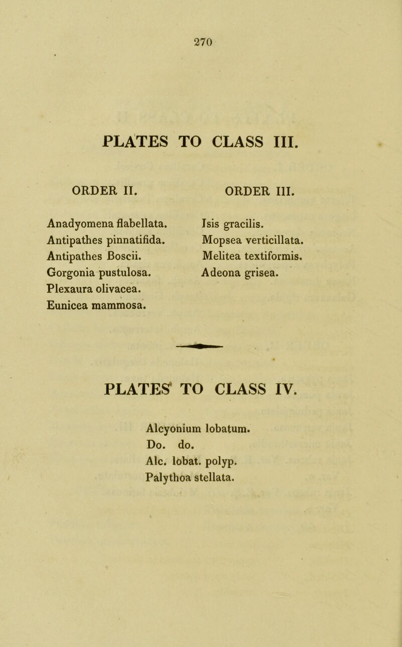 PLATES TO CLASS III. ORDER II. ORDER III. Anadyomena flabellata. Antipathes pinnatifida. Antipathes Boscii. Gorgonia pustulosa. Plexaura olivacea. Eunicea mammosa. Isis gracilis. Mopsea verticillata. Melitea textiformis. Adeona grisea. PLATES^ TO CLASS IV. Alcyonium lobatum. Do. do. Ale. lobat. polyp. Palythoa stellata.