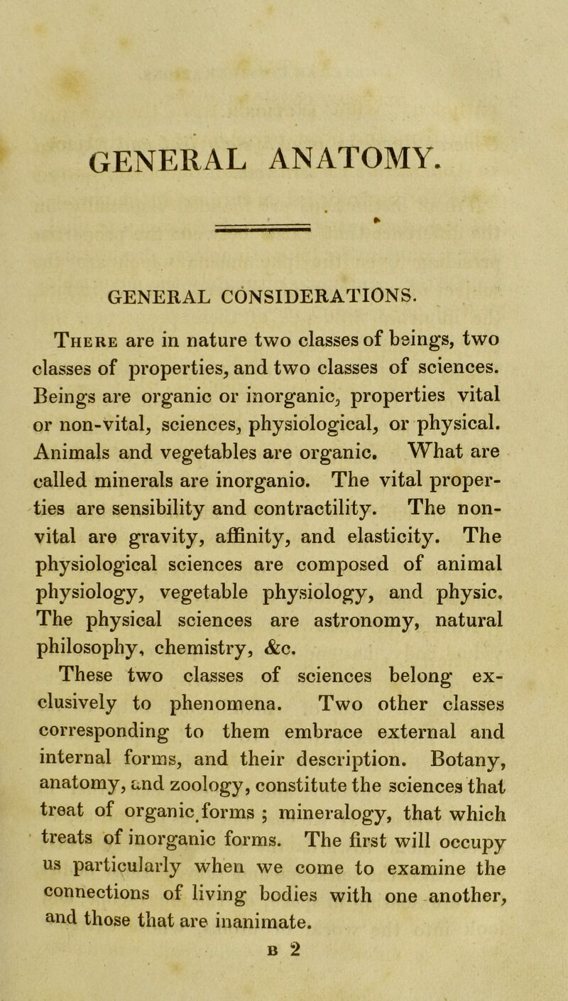 GENERAL CONSIDERATIONS. There are in nature two classes of beings, two classes of properties, and two classes of sciences. Beings are organic or inorganic, properties vital or non-vital, sciences, physiological, or physical. Animals and vegetables are organic. What are called minerals are inorganio. The vital proper- ties are sensibility and contractility. The non- vital are gravity, affinity, and elasticity. The physiological sciences are composed of animal physiology, vegetable physiology, and physic. The physical sciences are astronomy, natural philosophy, chemistry, &c. These two classes of sciences belong ex- clusively to phenomena. Two other classes corresponding to them embrace external and internal forms, and their description. Botany, anatomy, and zoology, constitute the sciences that treat of organic forms ; mineralogy, that which treats of inorganic forms. The first will occupy us particularly when we come to examine the connections of living bodies with one another, and those that are inanimate. b 2