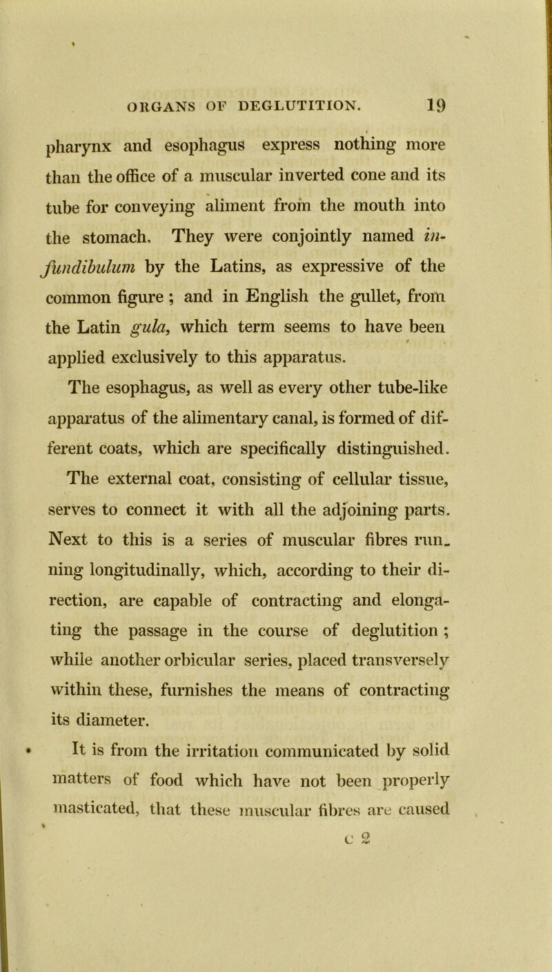 l pharynx and esophagus express nothing more than the office of a muscular inverted cone and its tube for conveying aliment from the mouth into the stomach. They were conjointly named in- fundibulum by the Latins, as expressive of the common figure ; and in English the gullet, from the Latin gula, which term seems to have been * applied exclusively to this apparatus. The esophagus, as well as every other tube-like apparatus of the alimentary canal, is formed of dif- ferent coats, which are specifically distinguished. The external coat, consisting of cellular tissue, serves to connect it with all the adjoining parts. Next to this is a series of muscular fibres run- ning longitudinally, which, according to their di- rection, are capable of contracting and elonga- ting the passage in the course of deglutition ; while another orbicular series, placed transversely within these, furnishes the means of contracting its diameter. It is from the irritation communicated by solid matters of food which have not been properly masticated, that these muscular fibres are caused